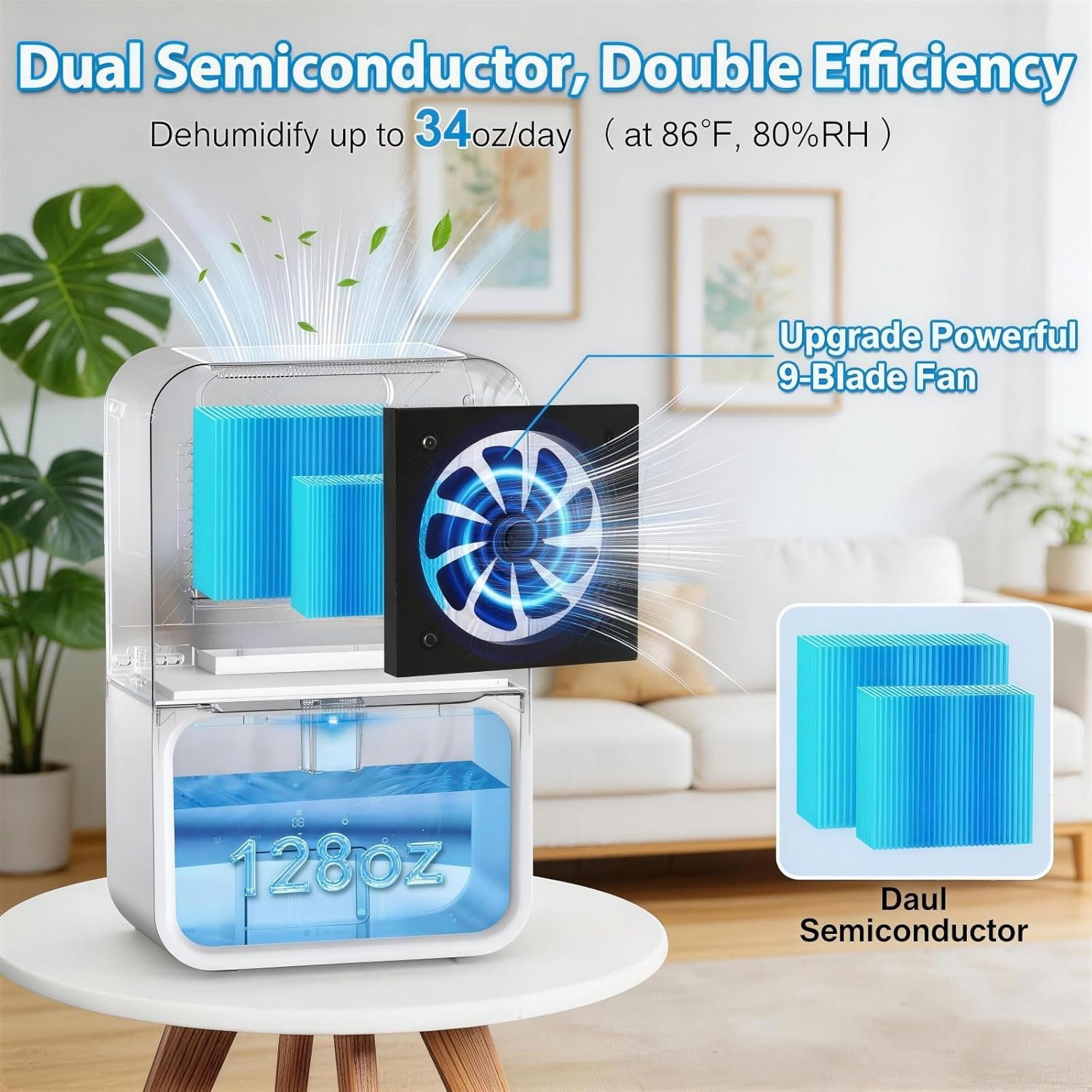 Dehumidifier for Home up to 1000 Sq.Ft, 34oz/Day Moisture Removal, 128oz Visible Water Tank, Quiet 30dB Dehumidifier with Auto Shut-Off, Timer, Night Mode for Bedroom, Basement, Bathroom, Closet