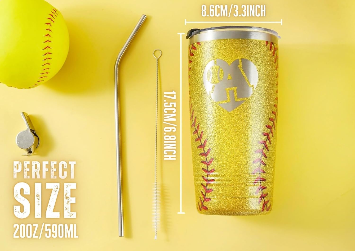 Onebttl Softball Accessories for Girls, Initial Softball Gifts for Girls Teenager Women, 20oz Stainless Steel Tumbler, Gifts for Team Senior Night Birthday Graduation Christmas- A - Image 6