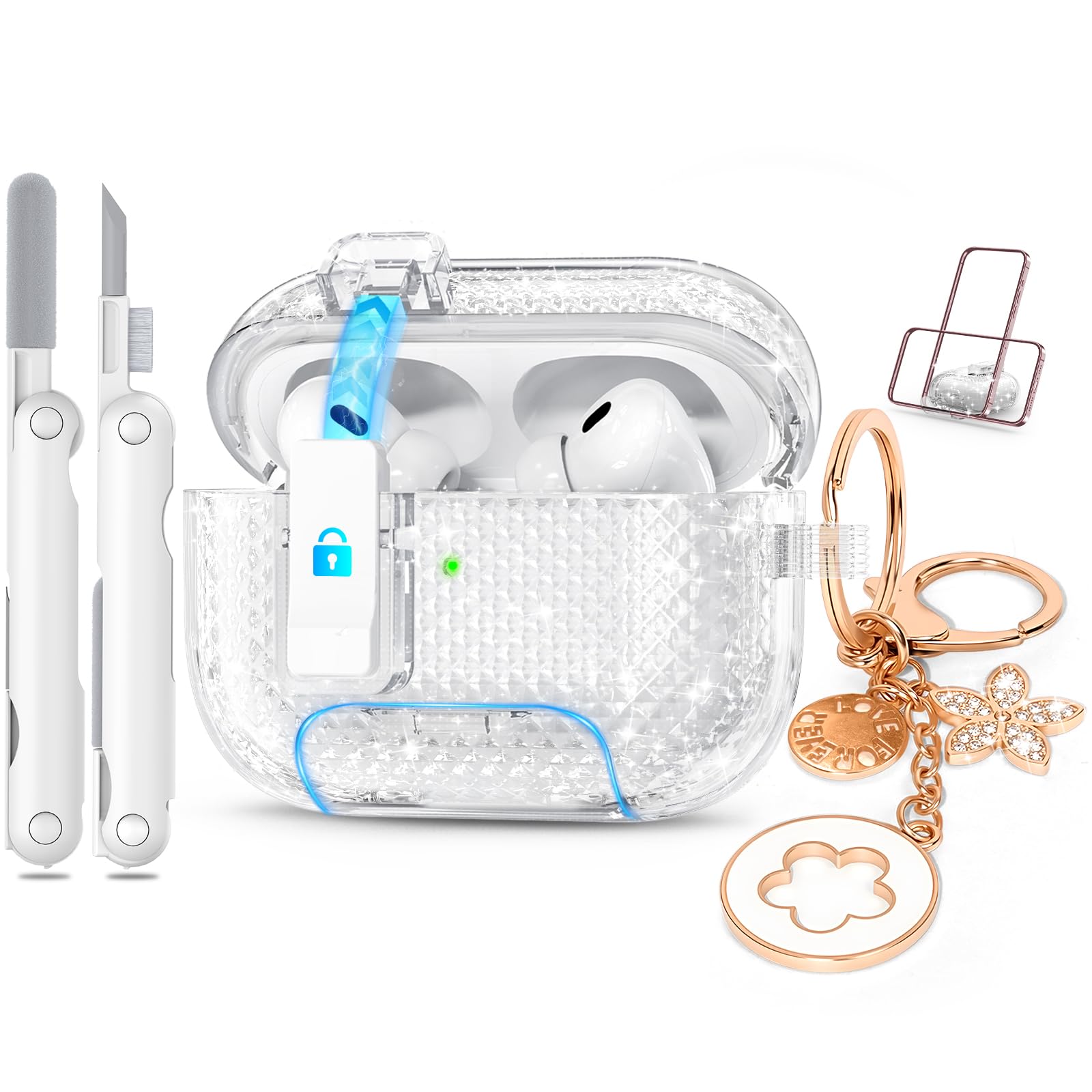 for Airpods Pro 2nd/1st Generation Case Shining Clear with Lock&Bling Keychain for Women&Girly,Cute Soft TPU Clear Cases Cove for Airpods Pro 2 Case