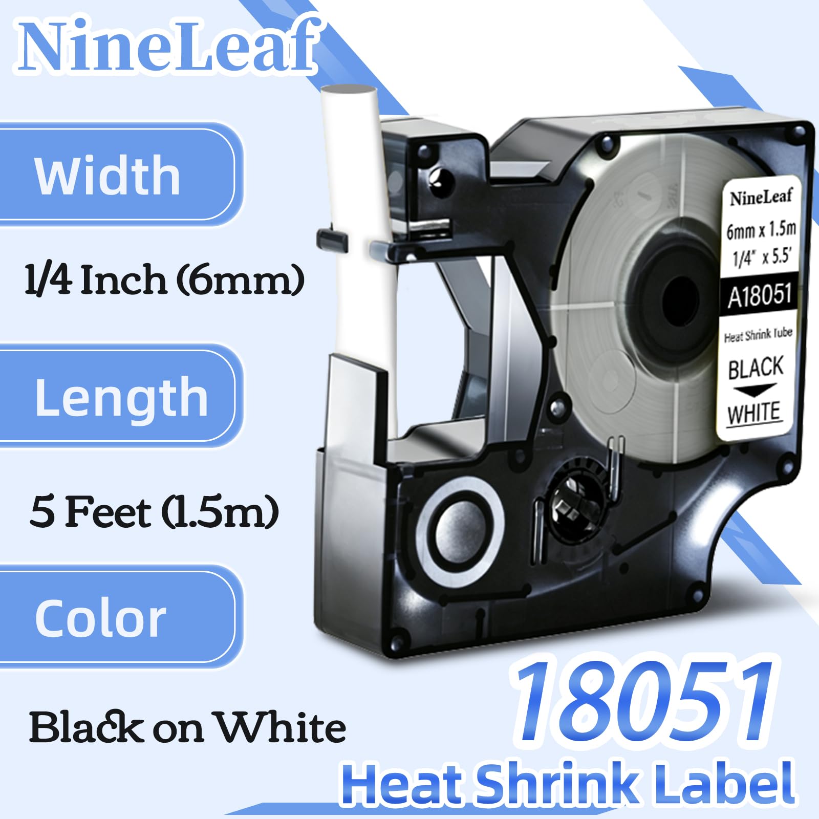 Nineleaf 10 x compatibles con DYMO 18051 Rhino Heat Shrink Tube Industry Label Tape 1/4" x 5ft negro en blanco para LabelWriter y Industrial Label Maker Rhino 1000 3000 4200 5000 5200 6000 450 Duo | Nineleaf Cintas de alambre compatibles con DYMO para eti