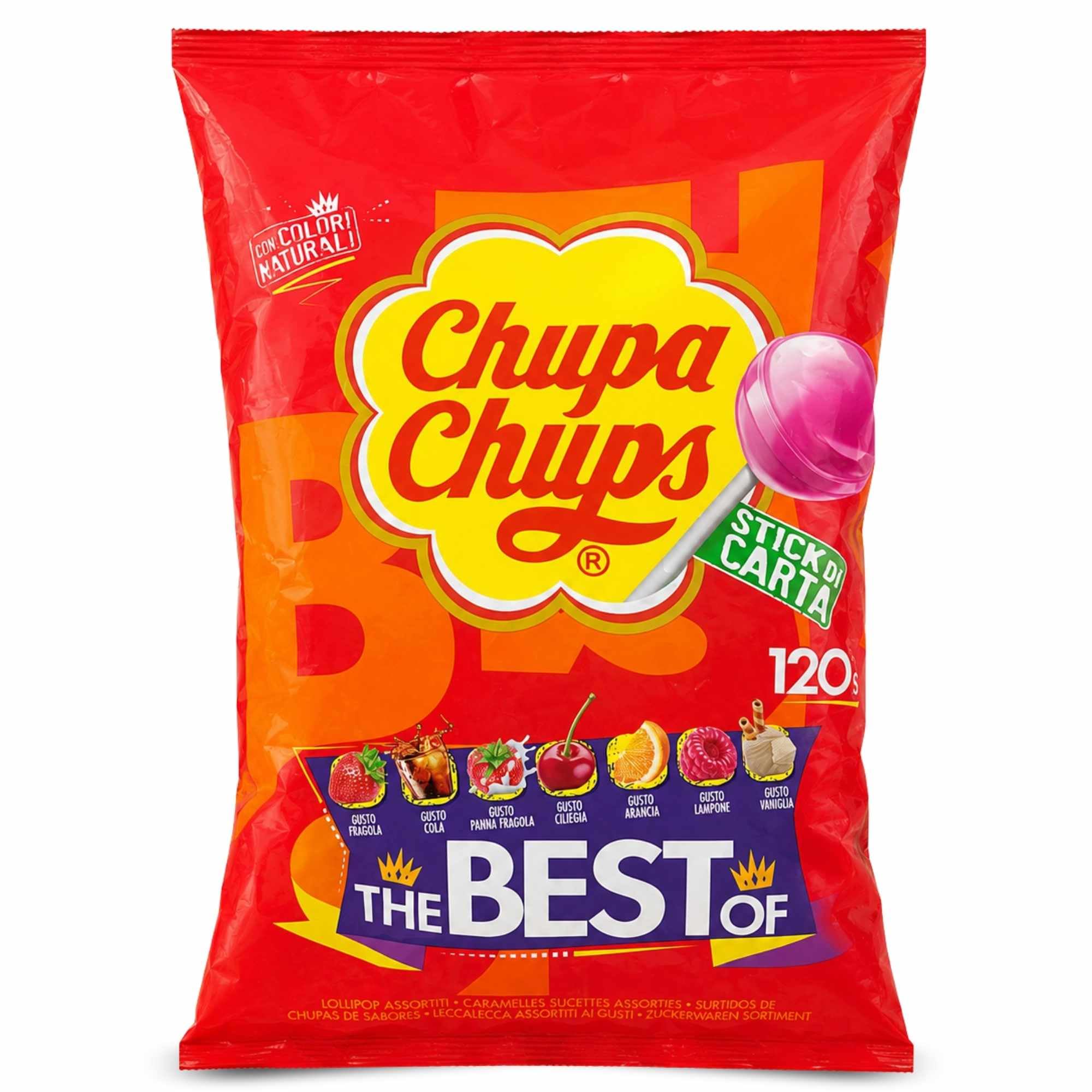 Caramelo Chupa Chups Original sabores Variados, Caramelo con palo de papel, Tamaño original, Apto para veganos, sin gluten, es completamente apto para celíacos, Contiene 1 bolsa de 120 unidades - imagen 1