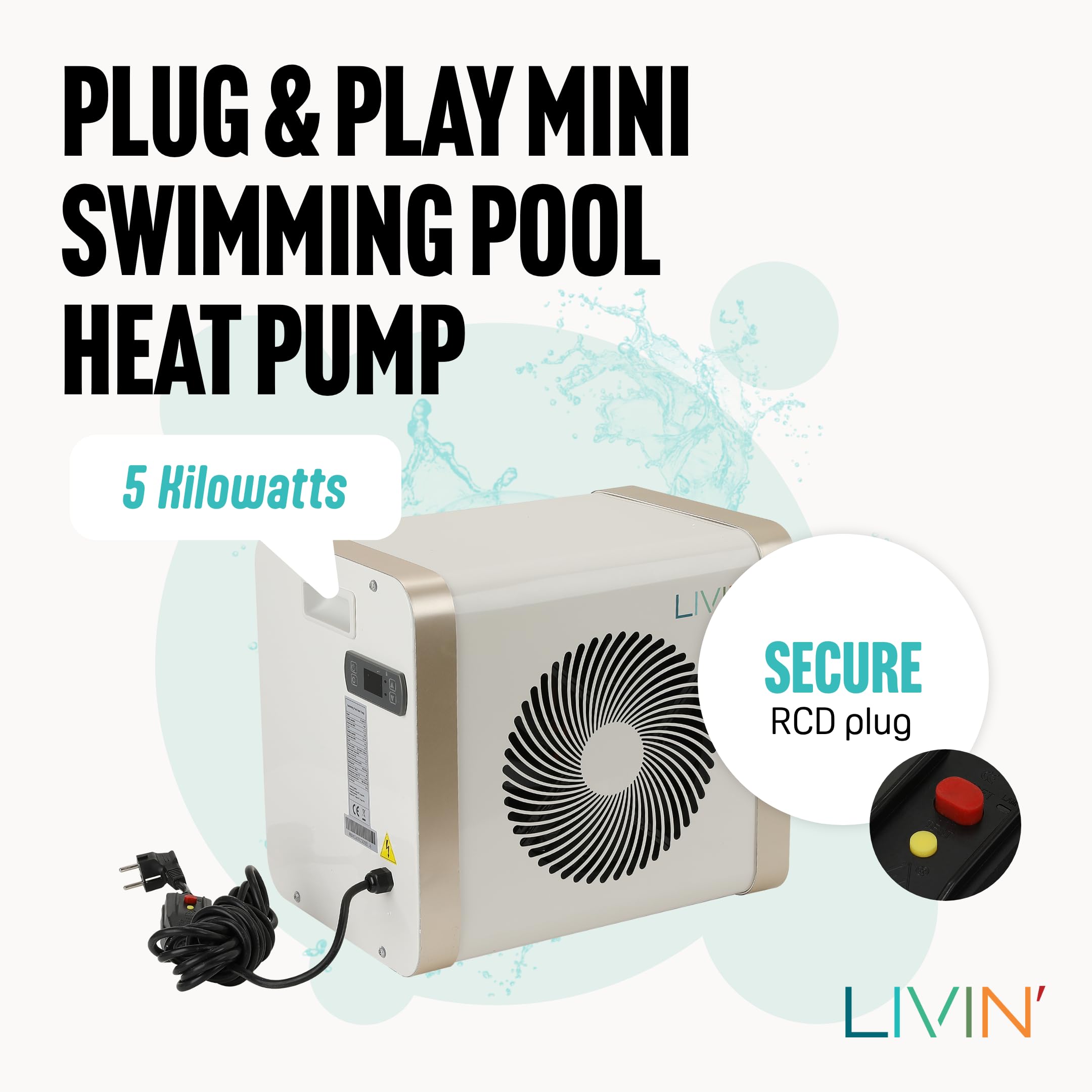 LIVIN' Minibomba de calor para piscina de 5 kW, accesorios para piscina con 32/38 mm de diámetro, para calentar piscinas grandes con 20.000 L de capacidad, indicador LED, corriente de 230 V,