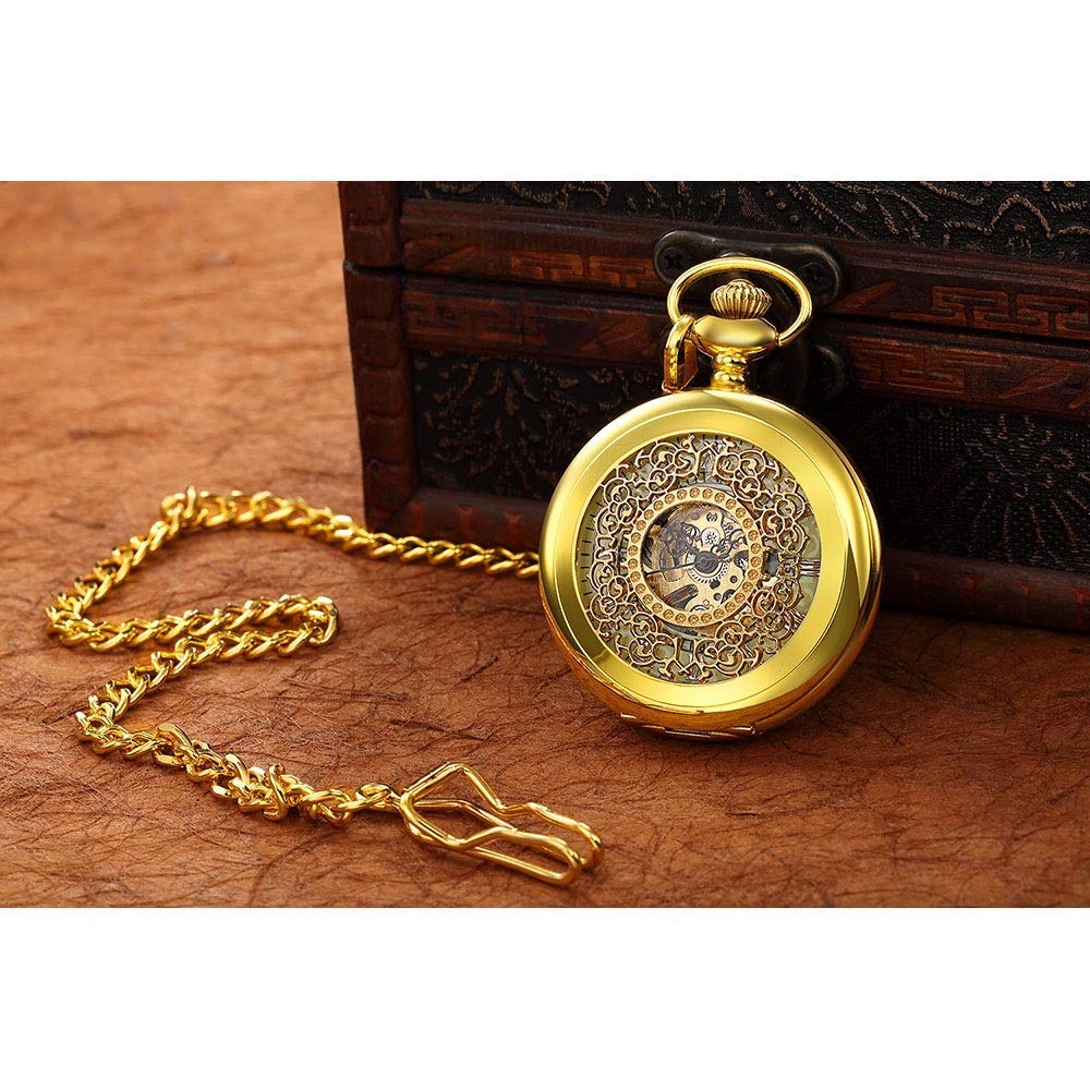 Reloj de bolsillo personalizado, enviará reloj de bolsillo luminoso Reloj de bolsillo para hombre Reloj de bolsillo mecánico dorado con tapa de regalo Reloj de bolsillo mecánico para hombre (dorado)
