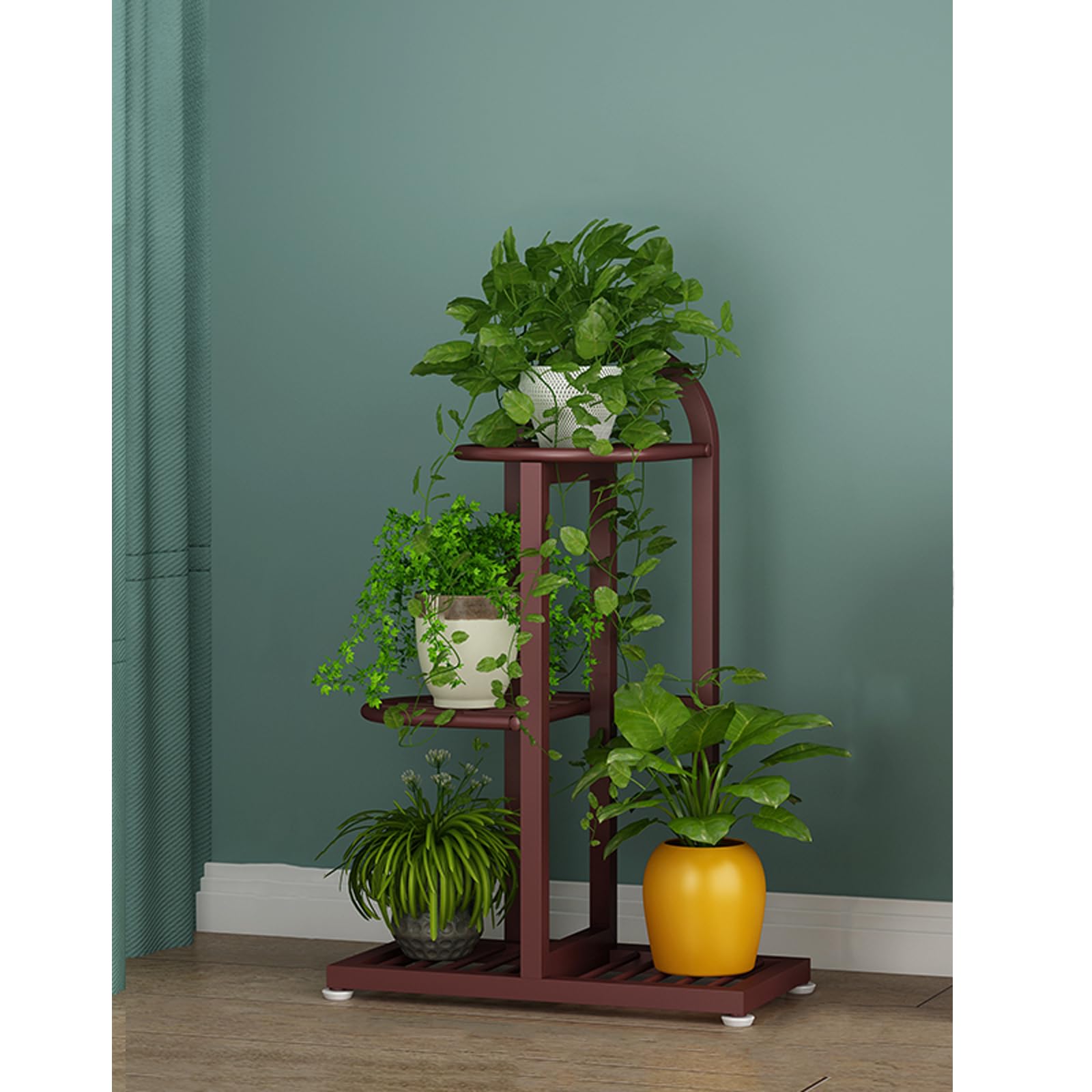 Wysoki stojak na rośliny do wnętrz 3-poziomowy narożny stojak ekspozycyjny na wiele roślin doniczkowych stylowy brązowy uchwyt 45 cm x 21,8 cm x 52 cm idealny do wystroju domu i miłośników roślin
