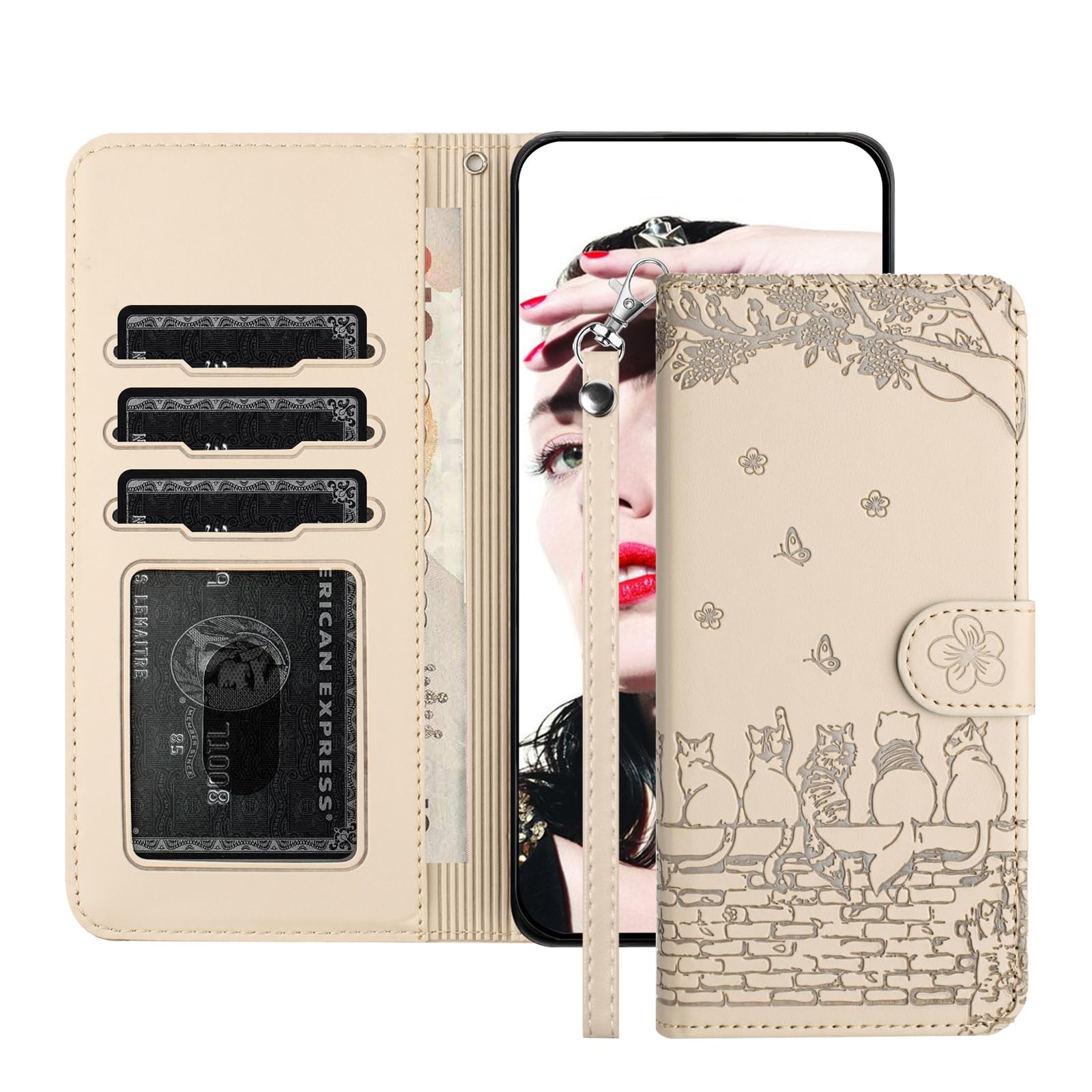 Jeffene Handyhülle für Samsung Galaxy A56 5G (6,7 Zoll) Klappbar,Tasche Ständer mit Magnetisch Klapphülle,PU Leder Schutzhülle mit Geldtasche | Katzenmotiv Design Hülle,Beige