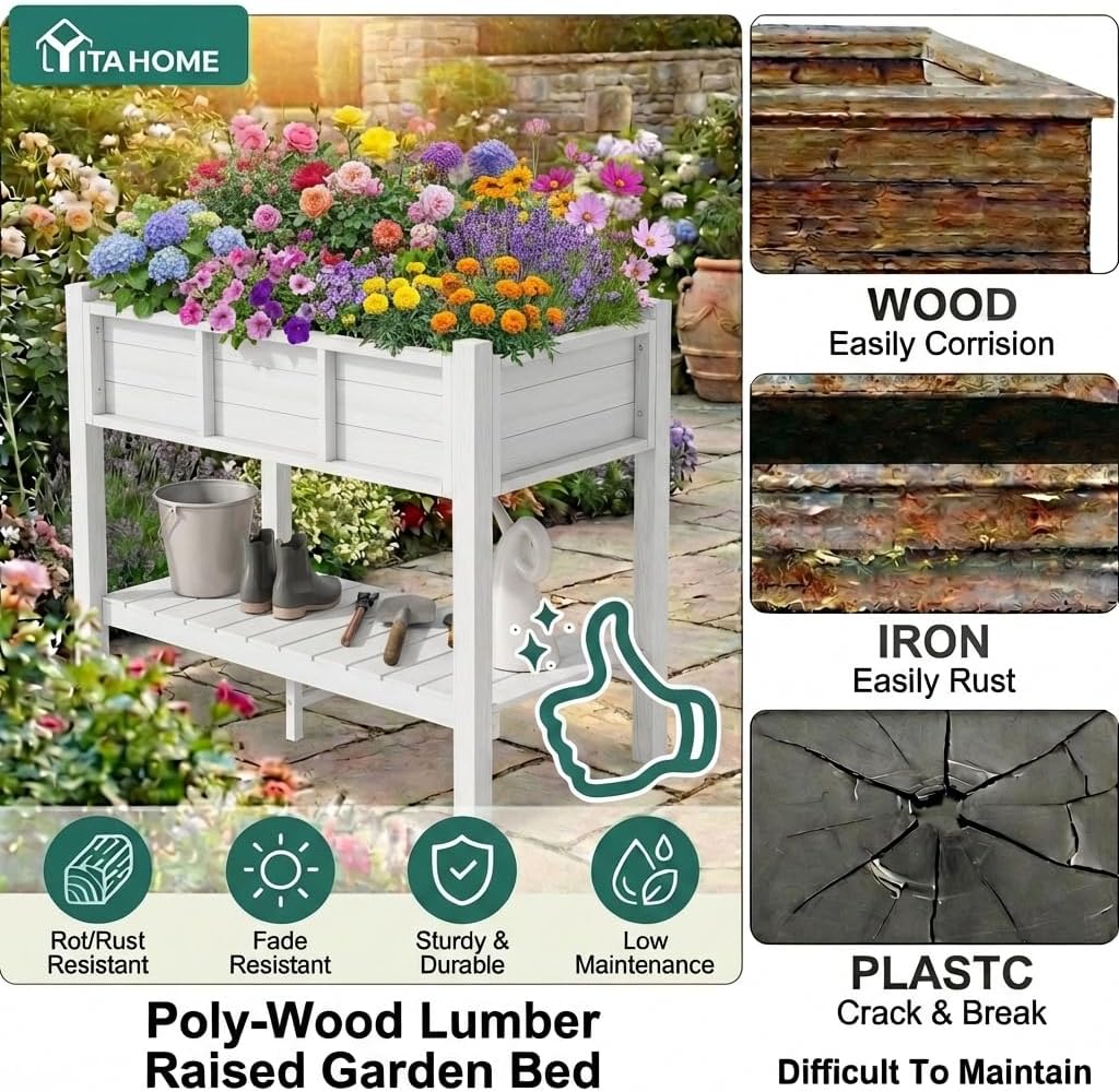 YITAHOME 48x18x30in Raised Garden Bed HDPE, Weather-Resistant Poly Lumber Planter Box with Legs & Storage Shelf, Elevated Garden Bed for Yard, Garden, Balcony - White