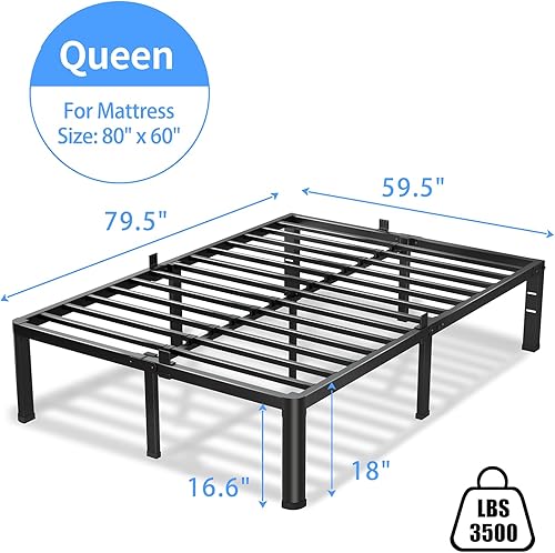 Miniatura 3 de Base de cama Queen de 18 pulgadas, plataforma de metal resistente de 3500 libras con patas de esquina redondas, tapón deslizante de colchón, soporte