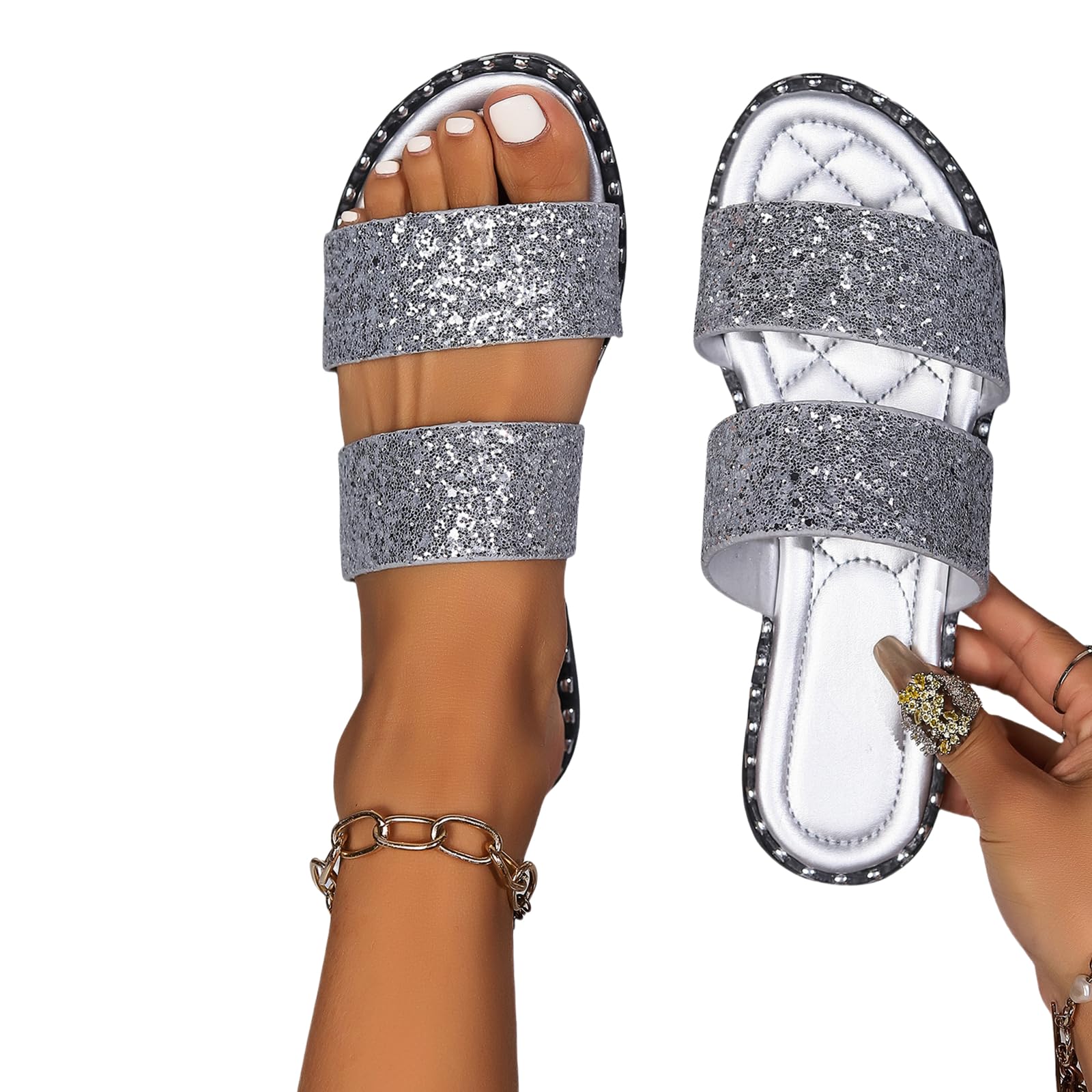 Women's Rhinestone Flat Sandals Summer Casual Fashion Sparkly Slip on Flats Slippers Open Toe Quick Drying Indoor & Outdoor Slides