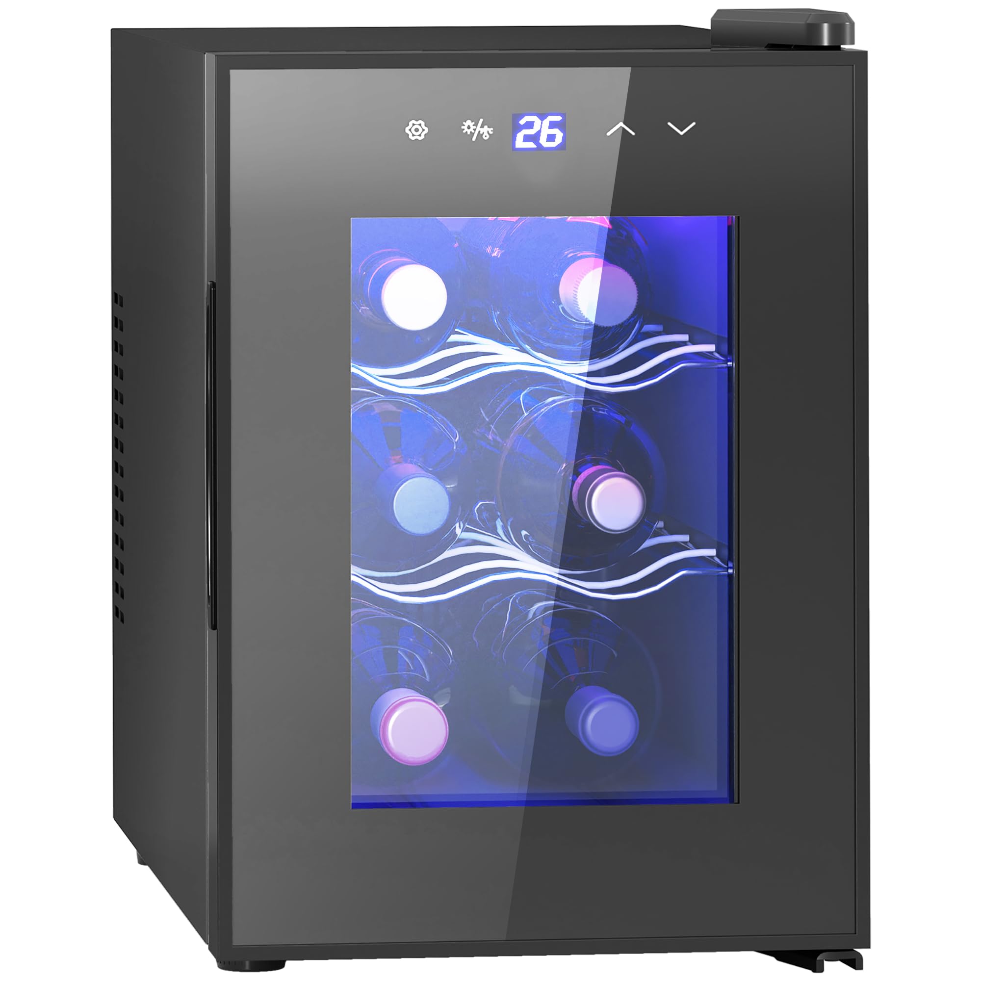 HOMCOM Nevera Vinos 6 Botellas 17L Vinoteca Silenciosa con Luz LED Interior Pantalla LED Táctil Temperatura Regulable 8-18 ℃ Puerta de Vidrio Templado Anti-UV y 2 Estantes Ajustables Negro