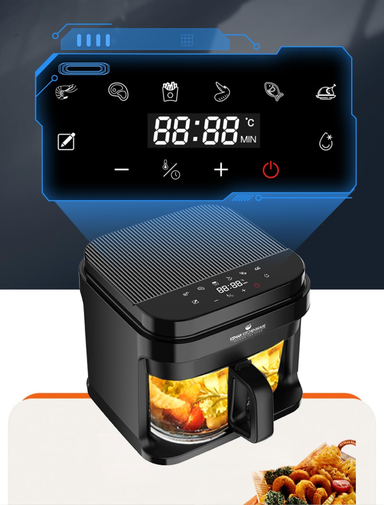 KHF-550 Heißluftfritteuse, 5,5 Liter,1.200W, Touchdisplay,Frittierkorb aus Glas ohne Beschichtung, Fritteuse mit Zange und Silikonuntersetzer (KHF-550 Standardausführung)