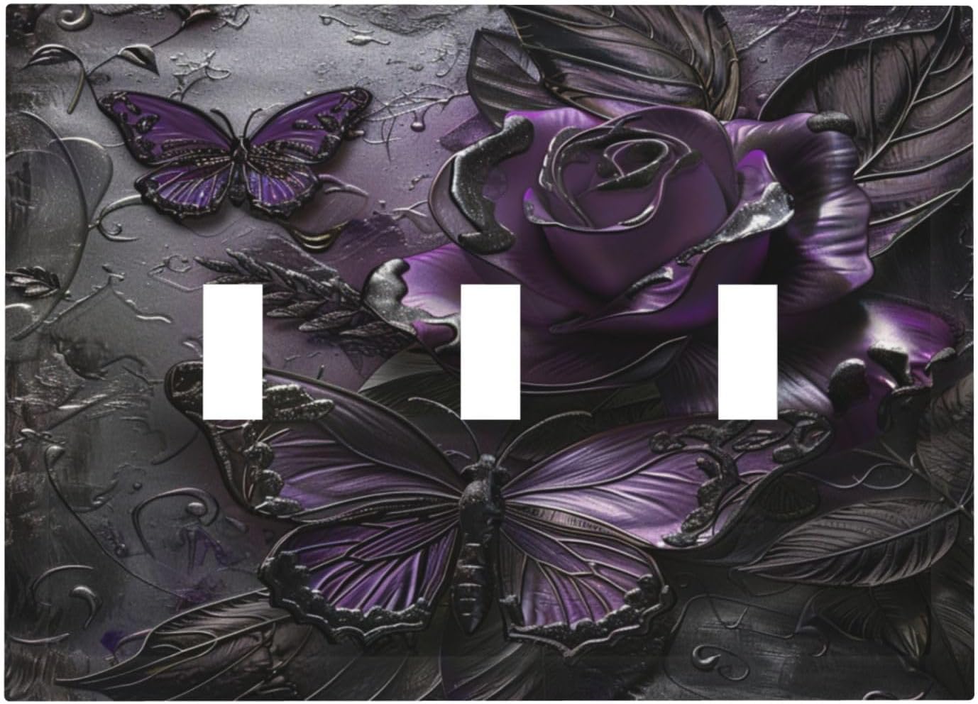 Decorative Switch Covers Plate Purple Rose Butterfly Flower 3 Gang Wall Plate Oversized Triple Toggle Light Switch Plate Jumbo Faceplate for Bedroom Home Decor