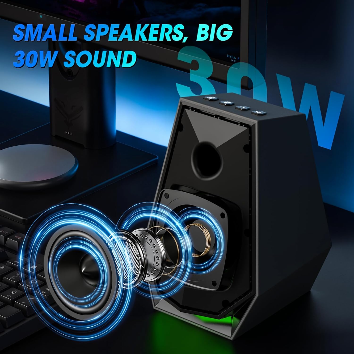 BESTISAN Computer Gaming Speakers for Desktop PC - 30W Powered Monitor Speakers with Bluetooth/AUX/Type-C Connections, 6 Colorful Lights, Compatible with Monitor, Gaming Setup & Laptop - Image 5