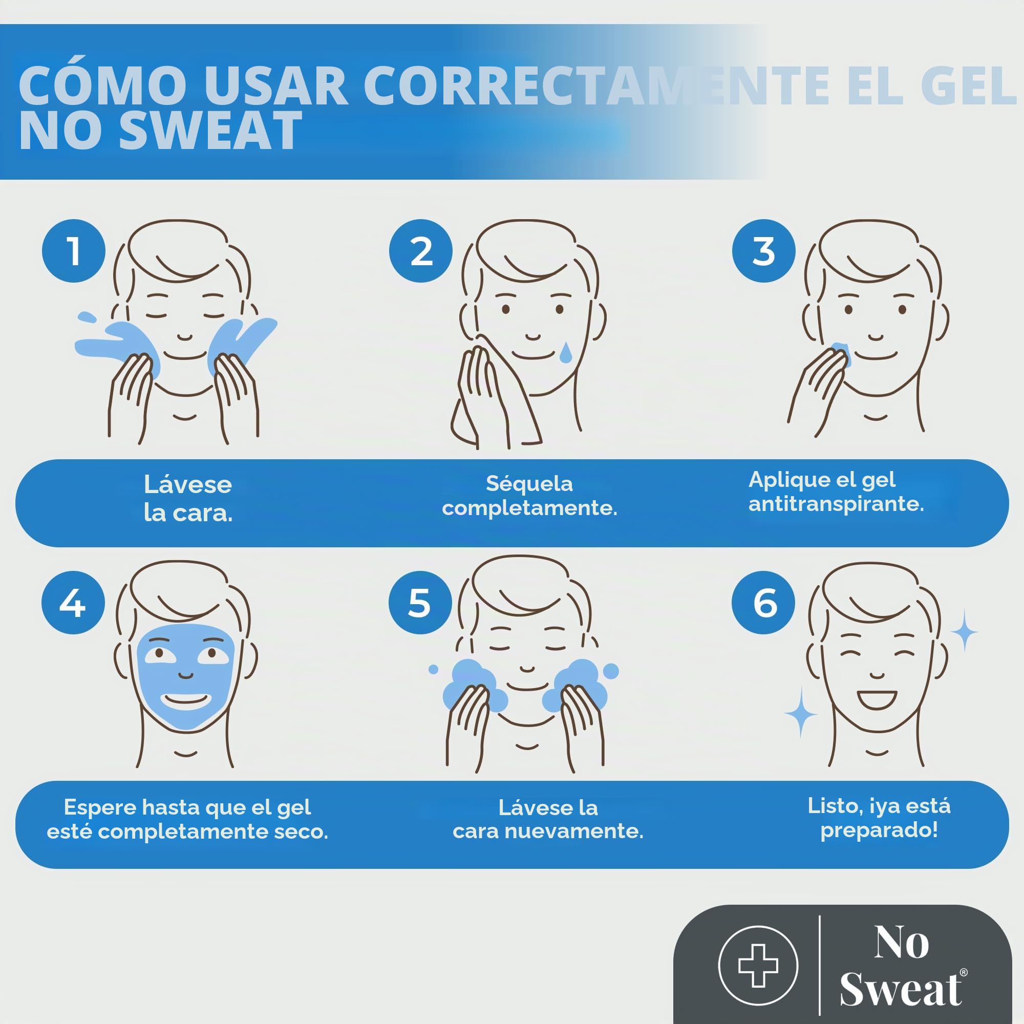 No Sweat Gel antitranspirante facial 50 ml. Para cara, cuello y nuca, ayuda a prevenir el exceso de sudoración y brillo, ideal para trabajo activo y gimnasio