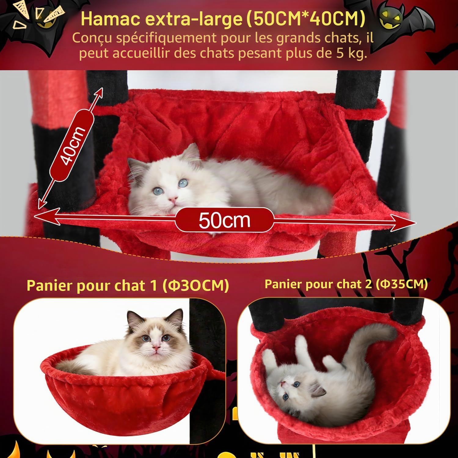 Globlazer Arbre a Chat Noir Rouge XXL 193 cm avec 2 Grande Niches, Immenso Hamac, Vaste Plate-Forme, 2 Panier, Perchoirs, Énorme Gothique Arbres à Chats Stable pour 3-5 Gros Chats (S76B, Noir Rouge)