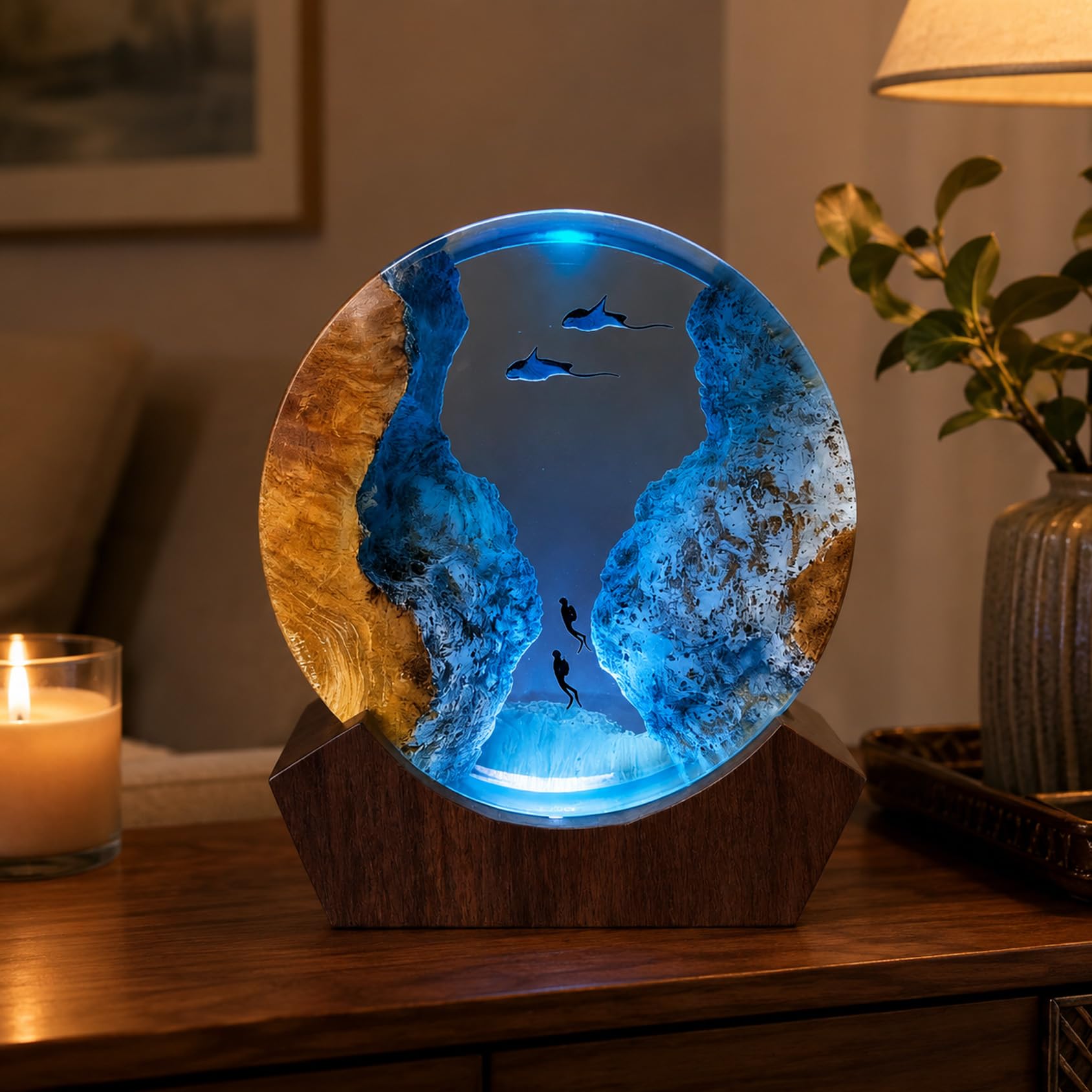 Drawelry 3D Runde Epoxidharz Nachtlicht Ornamente mit Holzsockel Harz Lampe, Kunsthandwerk Weltraum Tiefsee Dschungel Landschaft Tischlampe, Heim Büro Bücherregal Nachttisch Deko (Manta)