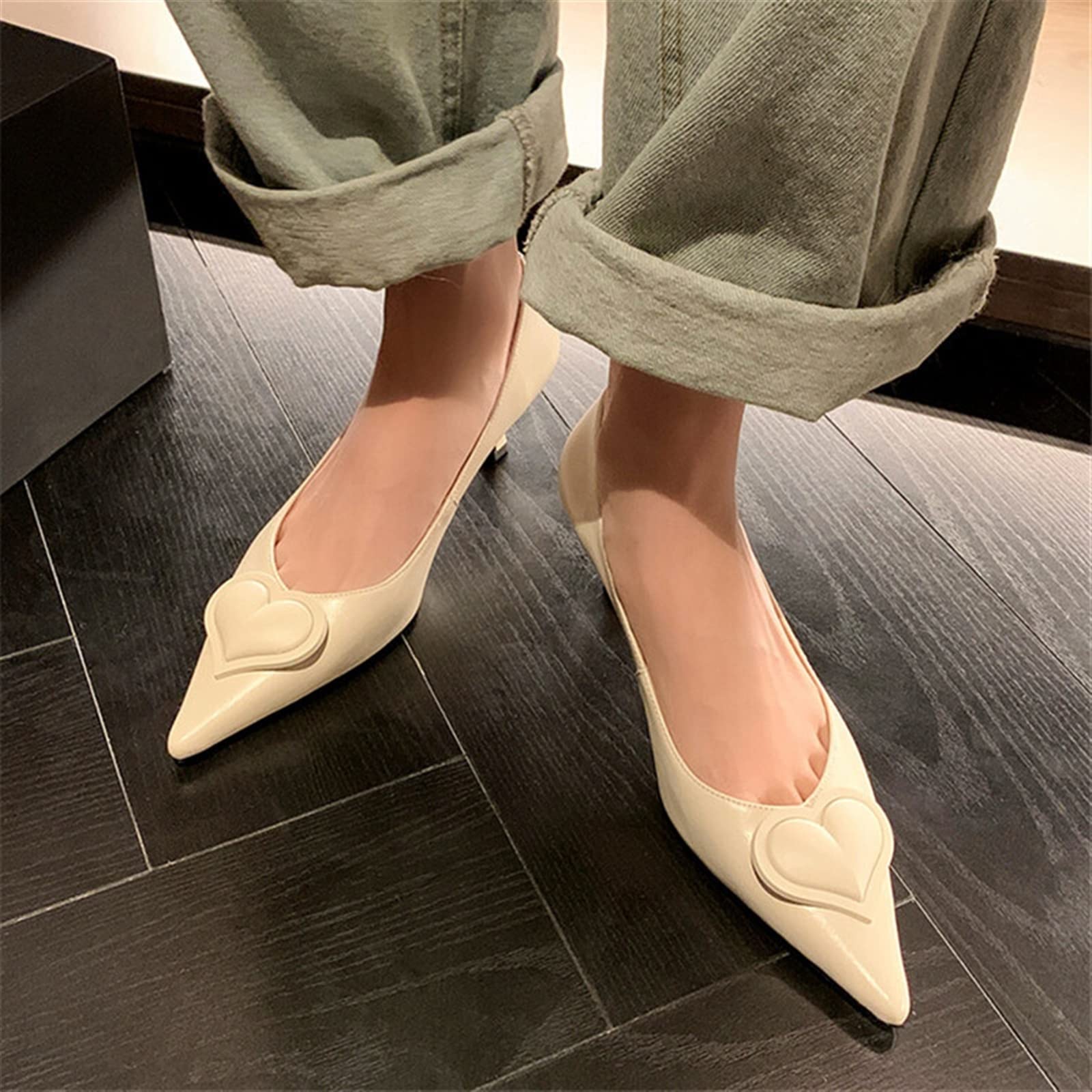 Damskie płaskie buty w kształcie serca cienkie wysokie obcasy wsuwane buty do sukni ślubnej damskie szpilki letnie wiosenne czółenka, BEŻOWY, 36 EU