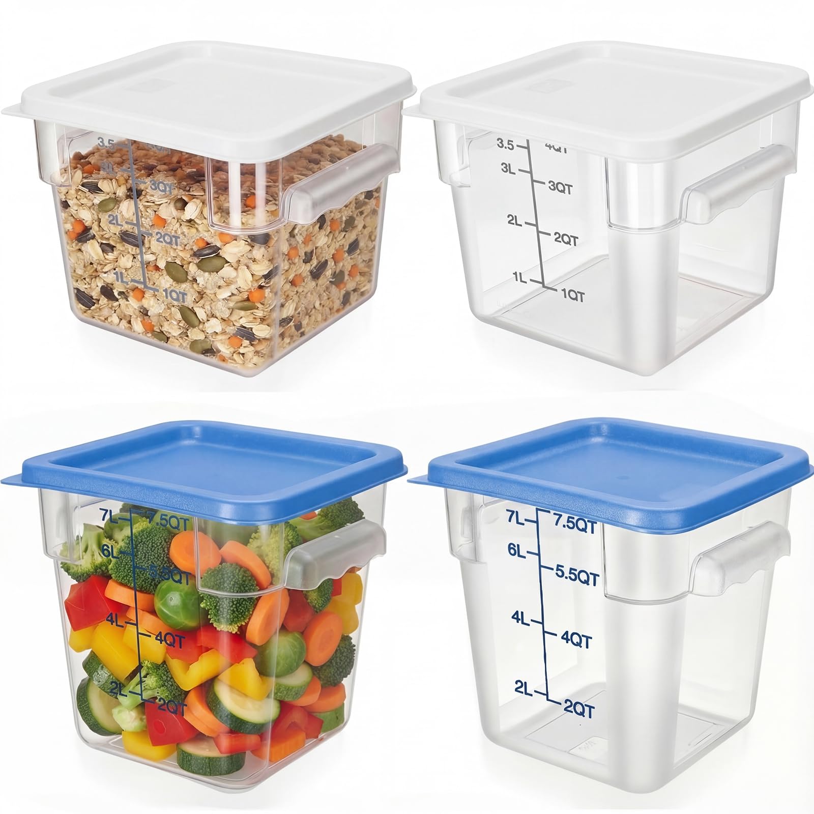 Lallisa Transparente Frischhaltedosen mit Deckel, Griffen und Waage, handelsübliche Qualität, quadratisch, luftdicht, für Zuhause, Küche, Restaurant, 4 Stück, 8 l und 4 l (Weiß, Blau)