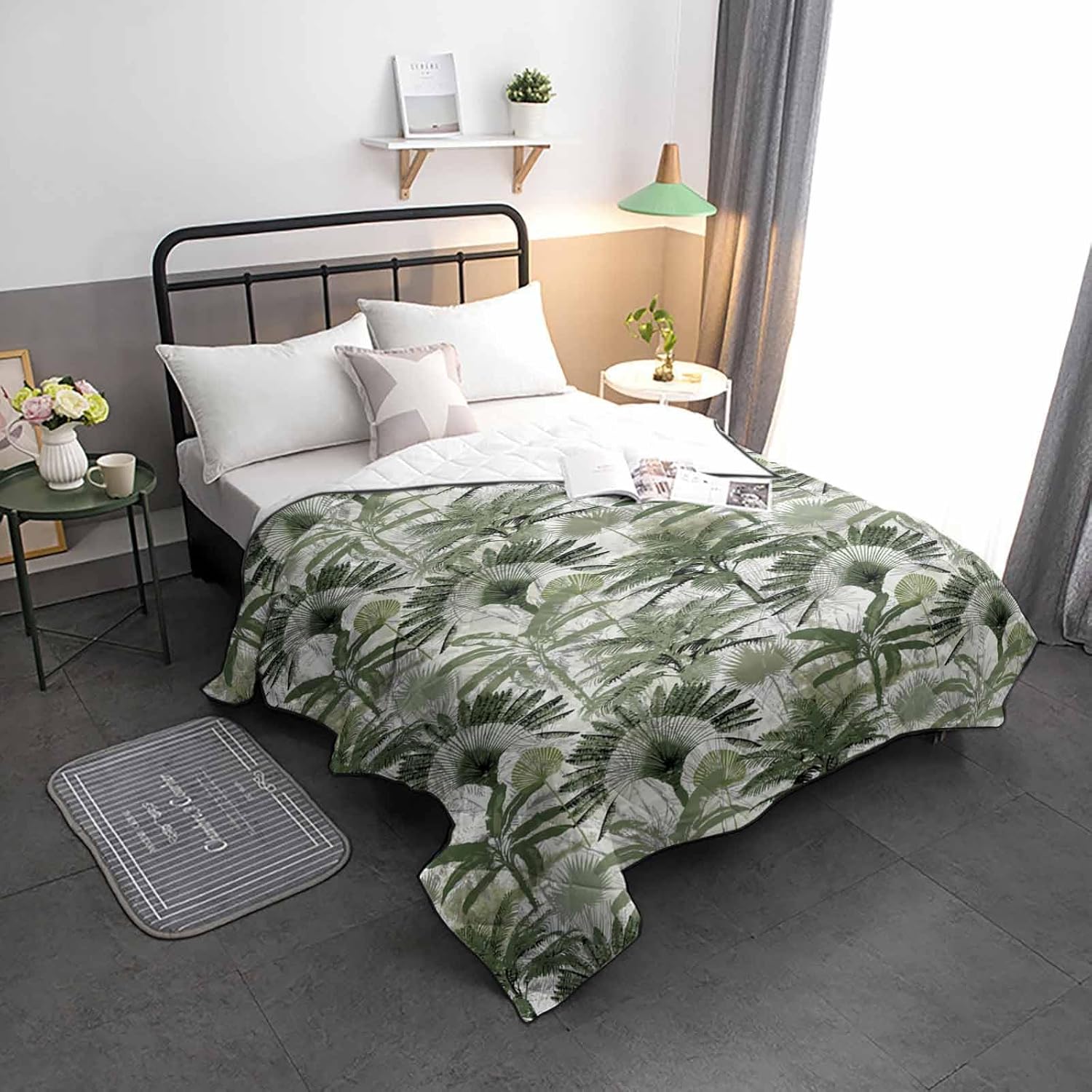 T&H XHome Quilt Full Size Luxury Quilted Comforter Bedspread-Thin Soft Cozy, Summer Sage Green Palm Banana Tropical Plants Reversible Stitched Lightweight Quilt Coverlet for All Season