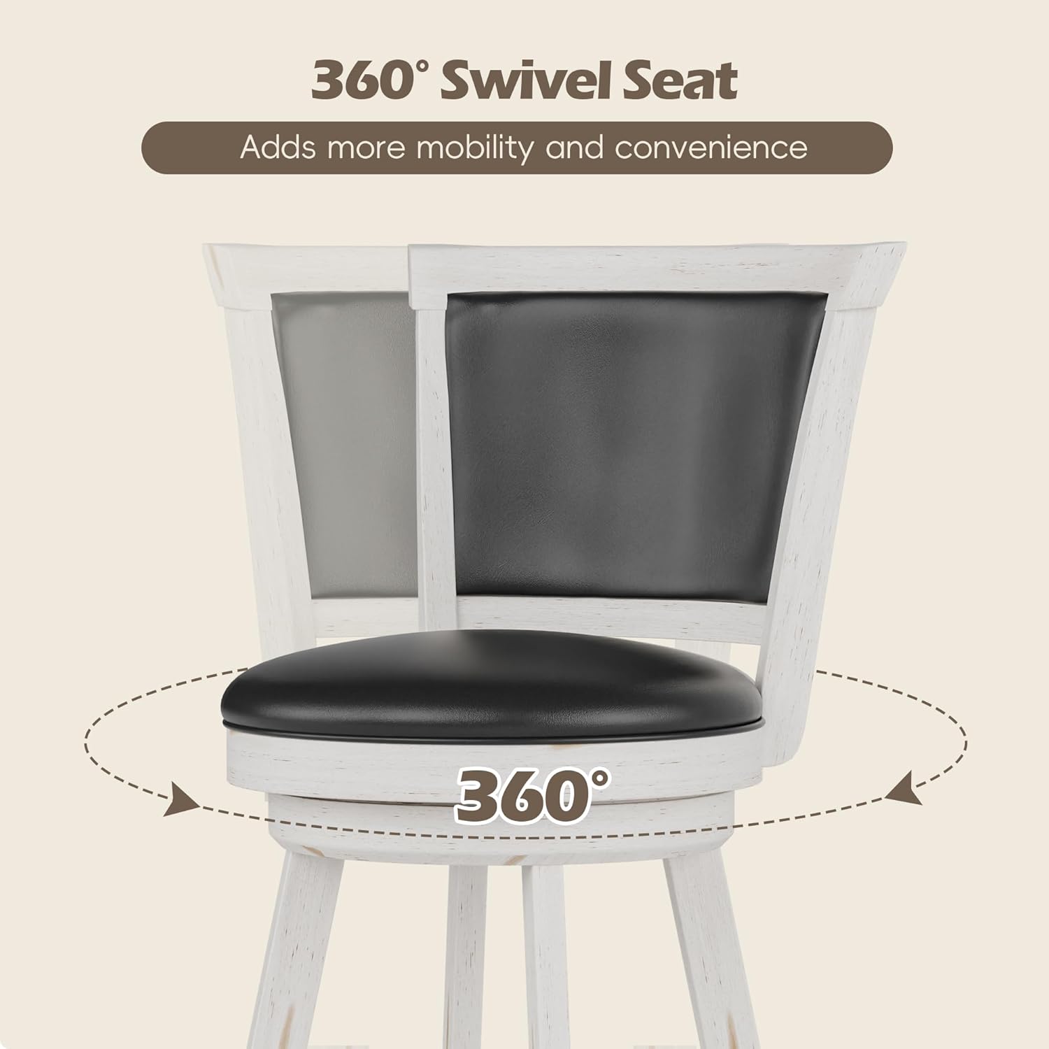 Betterhood 29" Bar Height Swivel Stools, High Back Swivel Bar Stools with Faux Leather Upholstered Seat & Solid Wood Footrest, Counter Bar Chairs for Kitchen Island & Pub (Antique White, Set of 2)