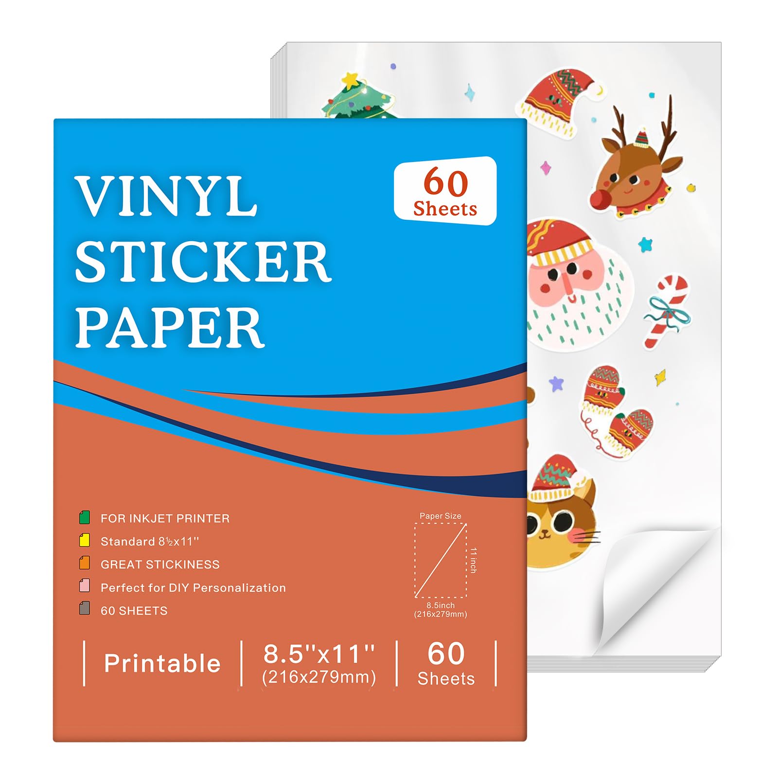 60 Sheets Premium Printable Vinyl Sticker Paper for Inkjet Printer, Glossy White Waterproof, Dries Quickly, Vivid Colors, Tear Resistant, 8.5x11 Inkjet Vinyl Sticker Paper Great for Cutting Machines