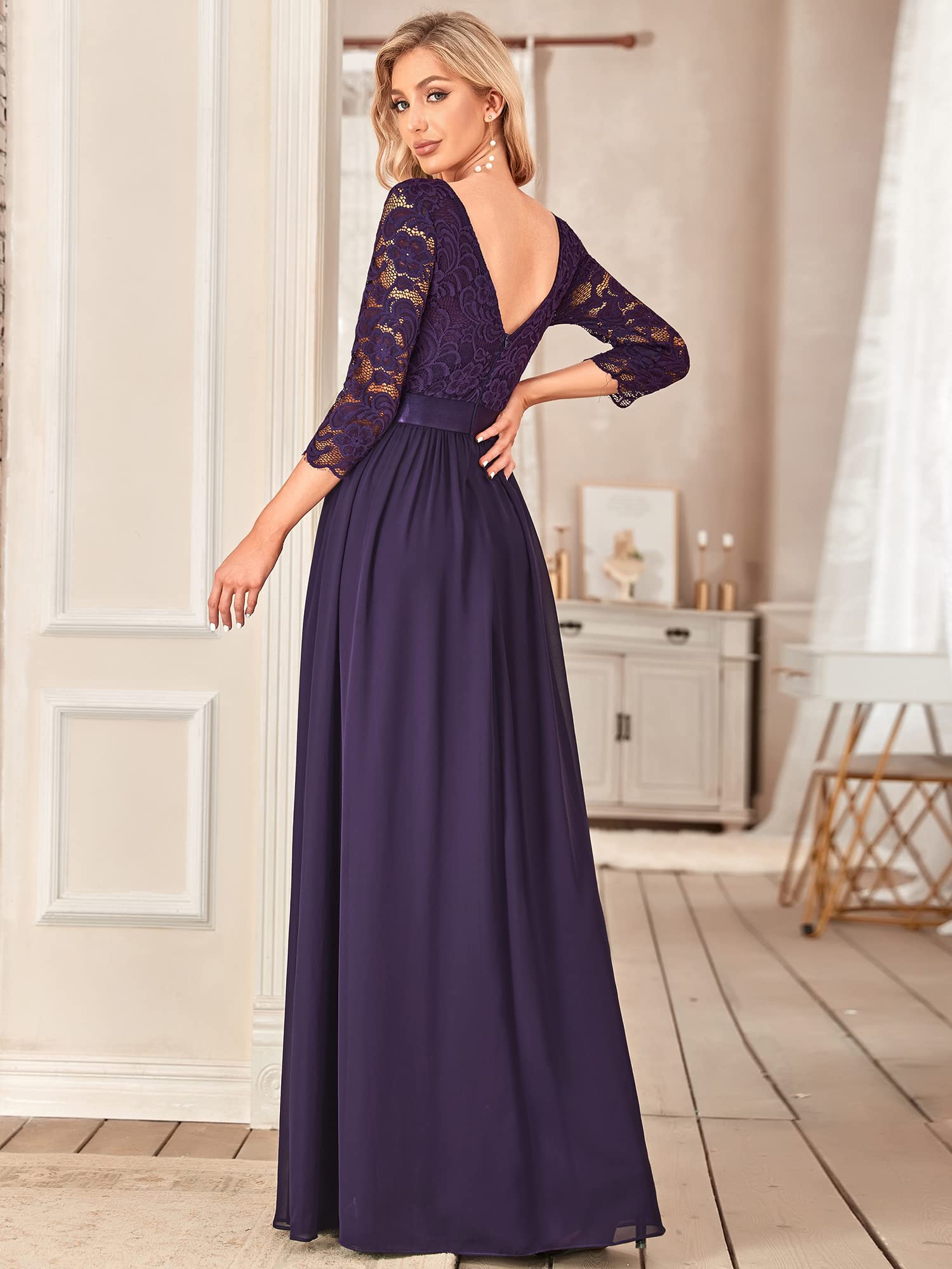 Ever-Pretty Vestidos de Fiesta Encaje Gasa Cuello Redondo Manga 3/4 Corte Imperio A-línea para Mujer 07412