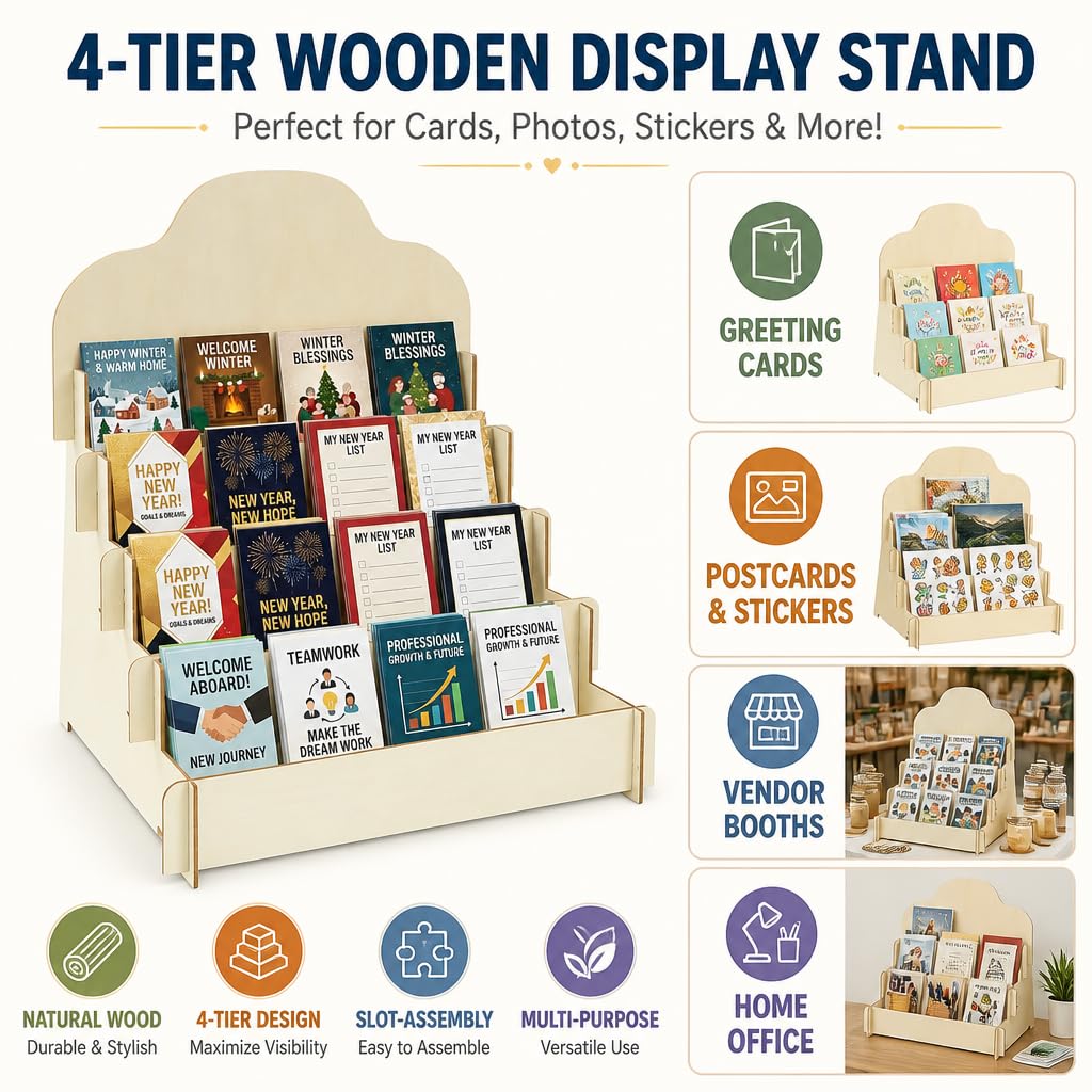 2 Pack 4-Tier Greeting Card Display Stand, Wooden Card Rack Display Stand for Postcards Stickers Photos Jewelry Small Products, Portable Wood Greeting Card Holder for Vendor Booths Craft Fairs