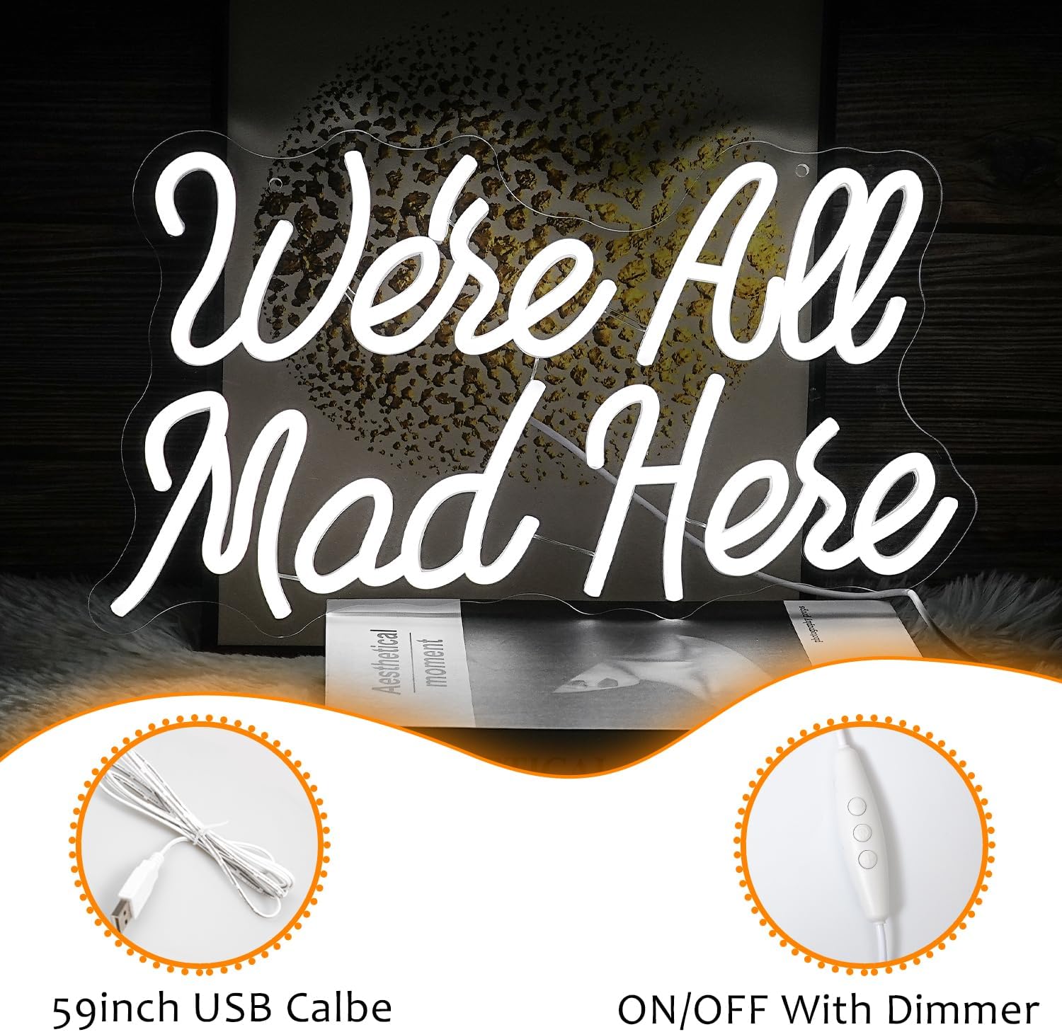 We Are All Mad Here Neon Sign Letter LED Neon Lights Dimmable USB Powered 16.5’’X9.4’’Cool Wall Decor Light Sign Bedroom Bar Birthday Party Decoration Gifts （White）