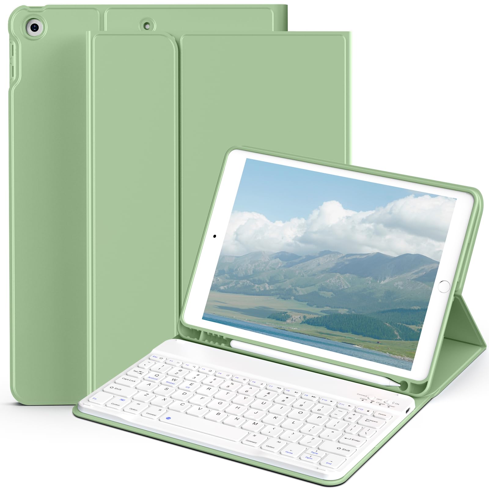 aoub Keyboard Case for iPad 9th/8th/7th Generation 10.2 Inch (2021/2020/2019) Detachable Wireless Bluetooth Keyboard, Stand Folio Keyboard Cover with Pencil Holder, Auto Sleep/Wake, Light Green