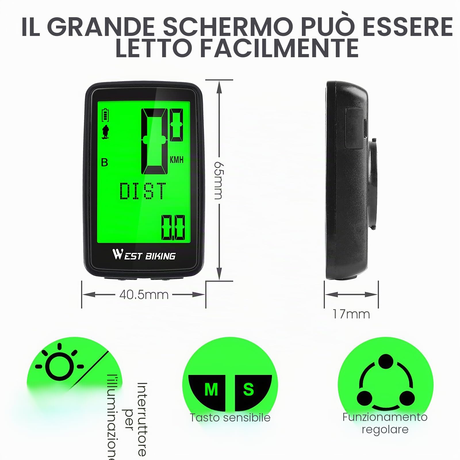 Computer da bicicletta ricaricabile tramite USB, contachilometri bicicletta senza fili IPX7 impermeabile, tachimetro bici 5 lingue computer da bicicletta con display LCD multifunzione, sveglia