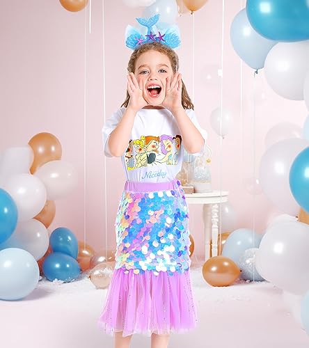 Miniatura 8 de Disfraz de sirena de cumpleaños para niña, ropa de princesa para niñas pequeñas, 4 piezas, disfraz de cumpleaños de sirena, regalo para niñas