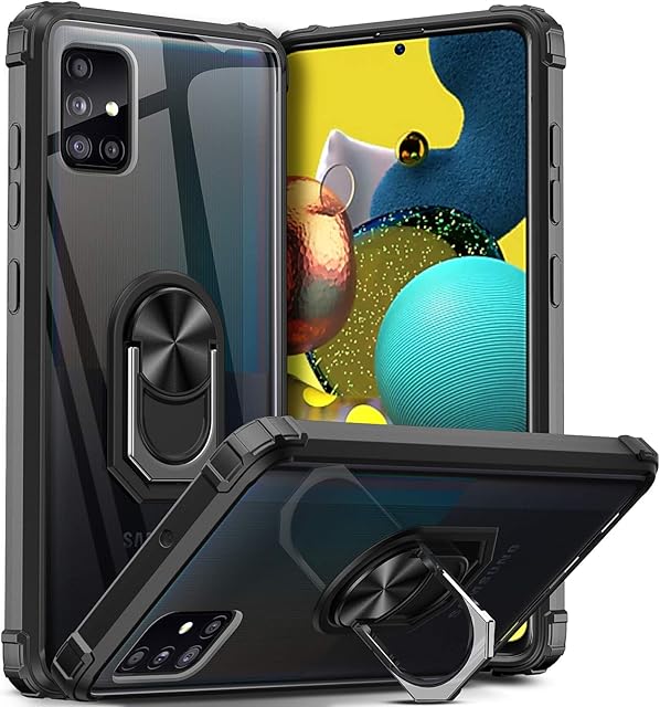 DOSNTO for Samsung Galaxy A51 Case (6.5''), [Military Grade] Shockproof and Drop-Resistant Clear Phone Case Protection Cover with 360 Degree Rotatable Magnetic Fingerring Kickstand, Black Frame