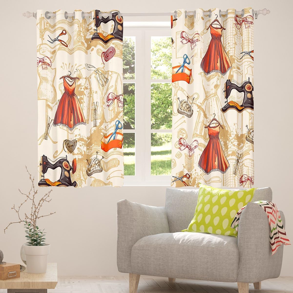 Castle Fairy Vintage Sewing Machine Curtains for Living Room,Retro Dress Bowknot Pattern Window Drapes Bedroom,Brown Orange Graffiti 80s Window Treatment Grommet Top 2 Panels Decor,38Wx45L