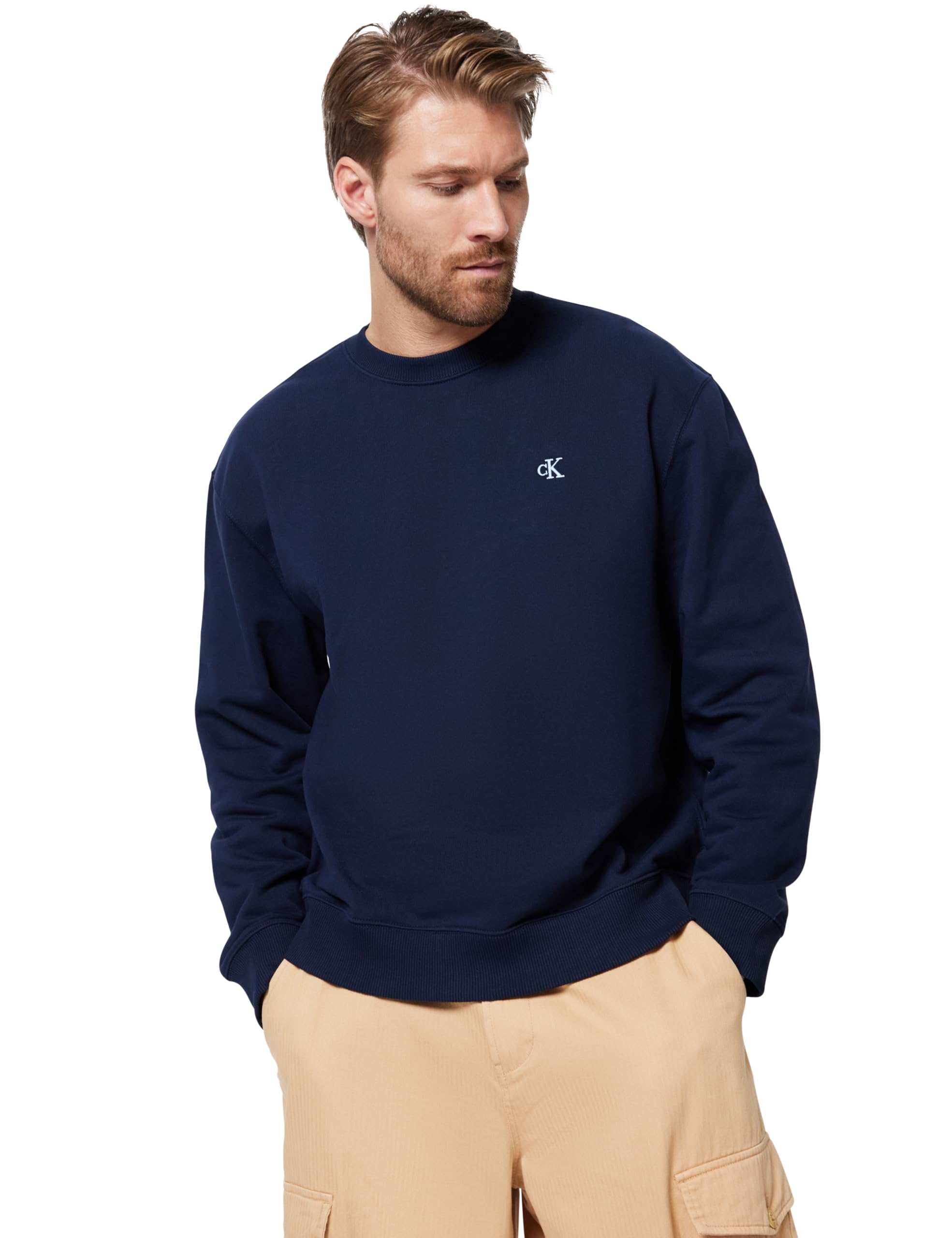 Calvin Klein Men’s Relaxed Fit Monogram Terry Sweatshirt, Blue (Dark Sapphire), L