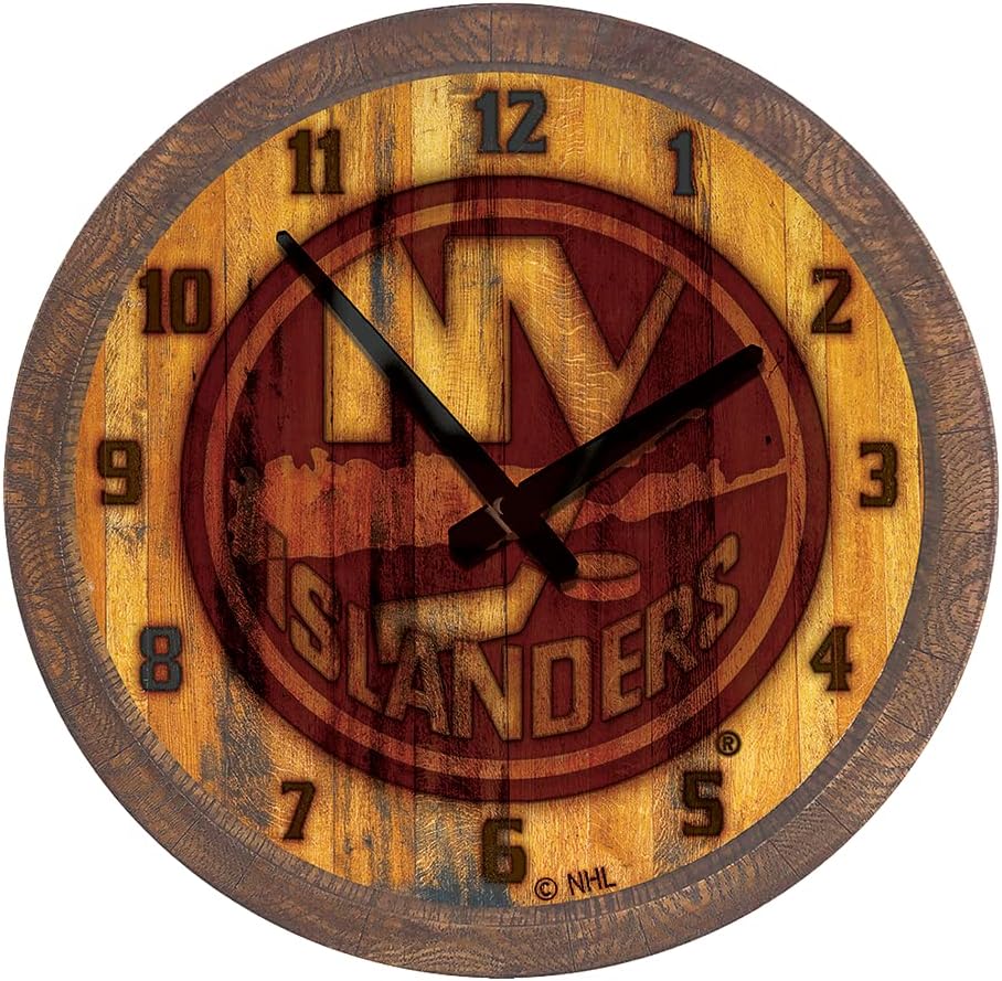 The Fan-Brand NHL New York Islanders: Branded Faux Barrel Top Wall Clock - Sports Team Bar Sign Décor - Home Man Cave, Party Decoration - Made On Demand