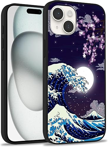 MSEAANBK Funda diseñada para iPhone 15 Plus, funda japonesa con patrón de luna de cerezo y flor para hombres, mujeres, niños y niñas, TPU suave, a