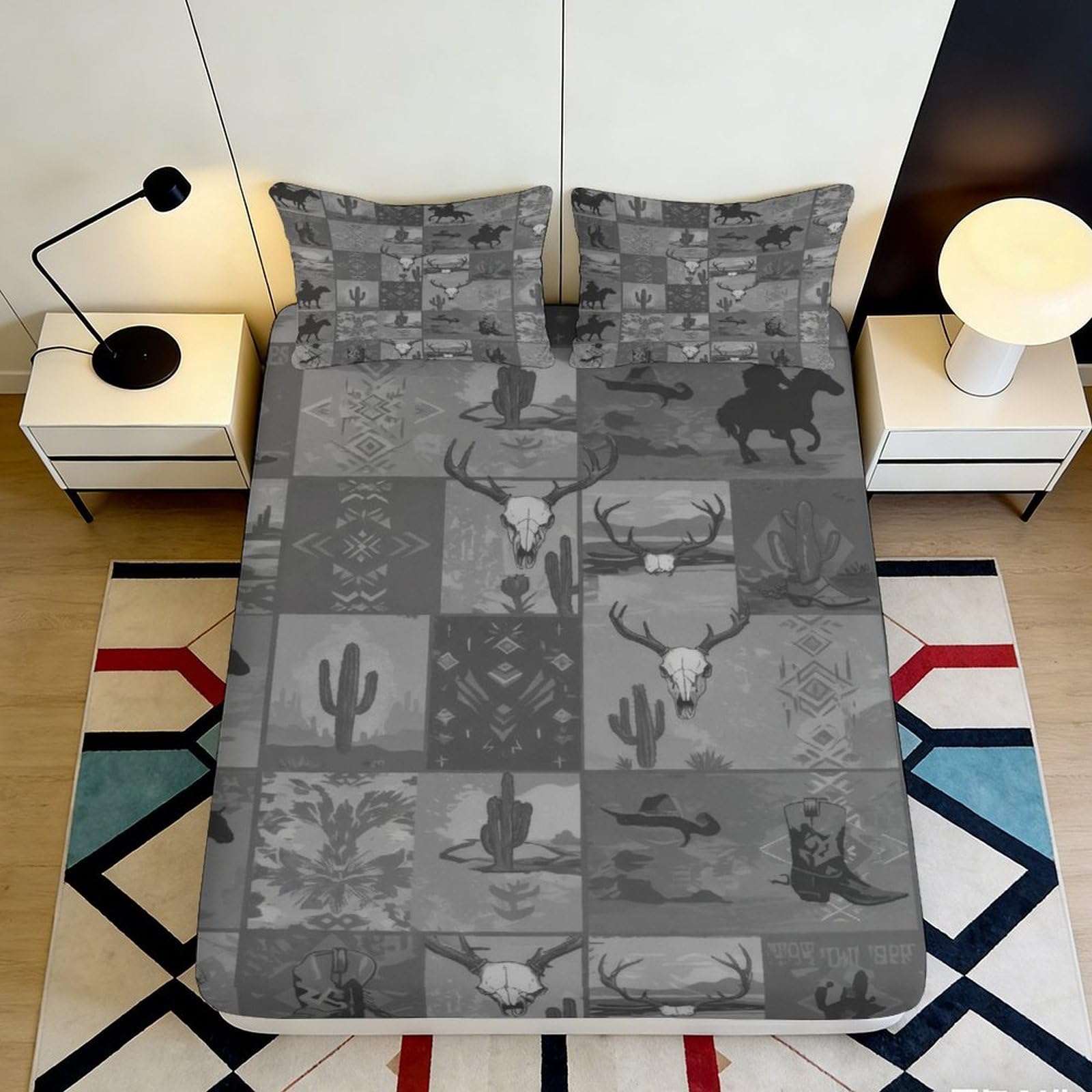 3D Printed Western Cowboy Fitted Sheet Microfiber Soft Breathable Cactus Skull Bed Cover for Bedroom Decor 90x200x25cm