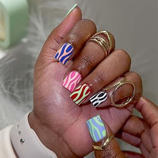 ONPRESS 24Pcs Summer Press on Nails Short Square Fake Nails Colorful Stripe Full Cover False Nails Red Blue Green Pink Black White Line Glue on Nails Tropical Reusable Glossy Stick on Nail for Women
