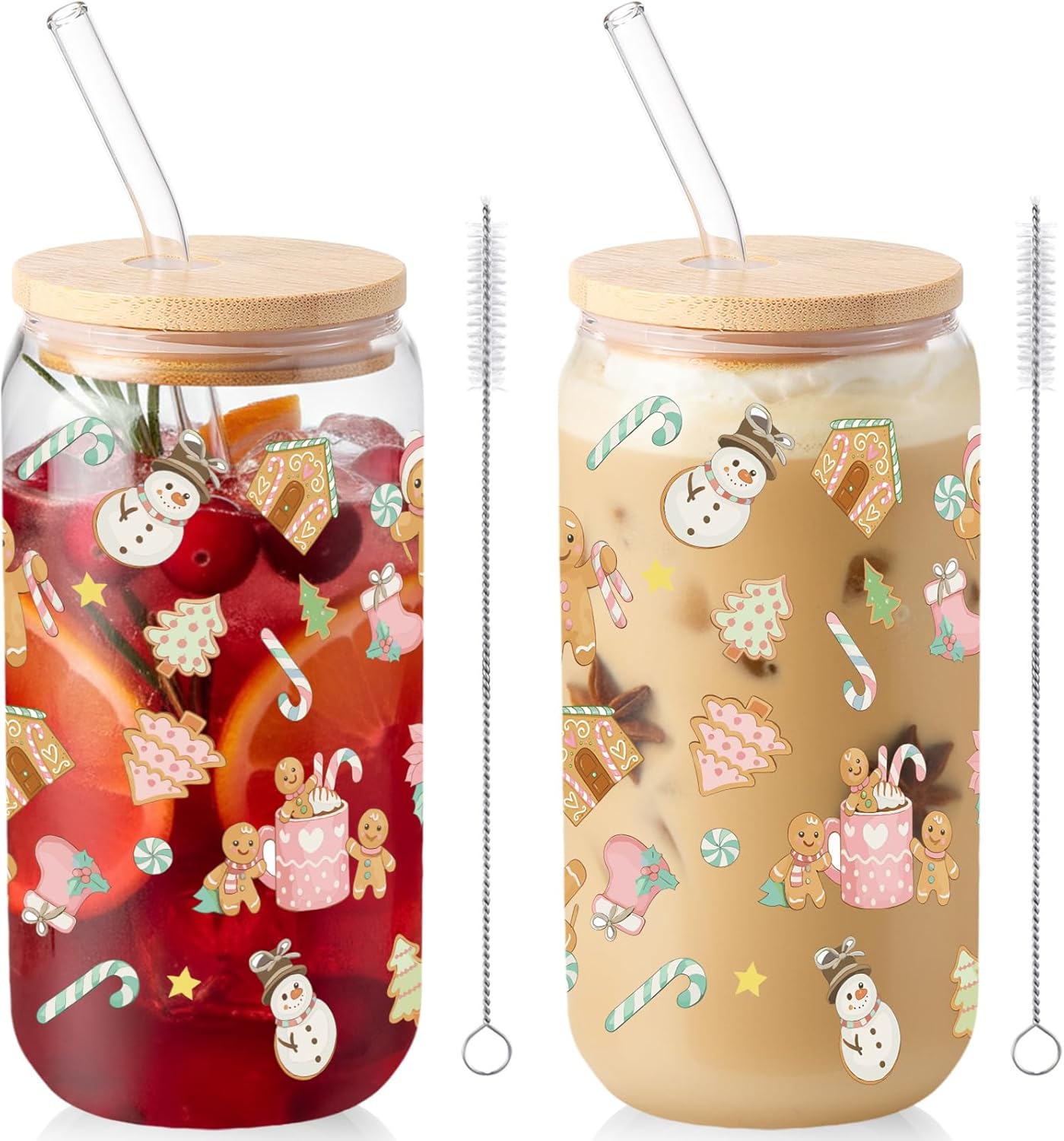 Sliner 2 Pcs Gingerbread Glass Cups Christmas Tumbler with Lid Straw Xmas Drinking Glasses 16 oz Iced Coffee Cup with Cleaning Brush Beer Can Tumbler Cute Holiday Gifts for Home Office Decorations