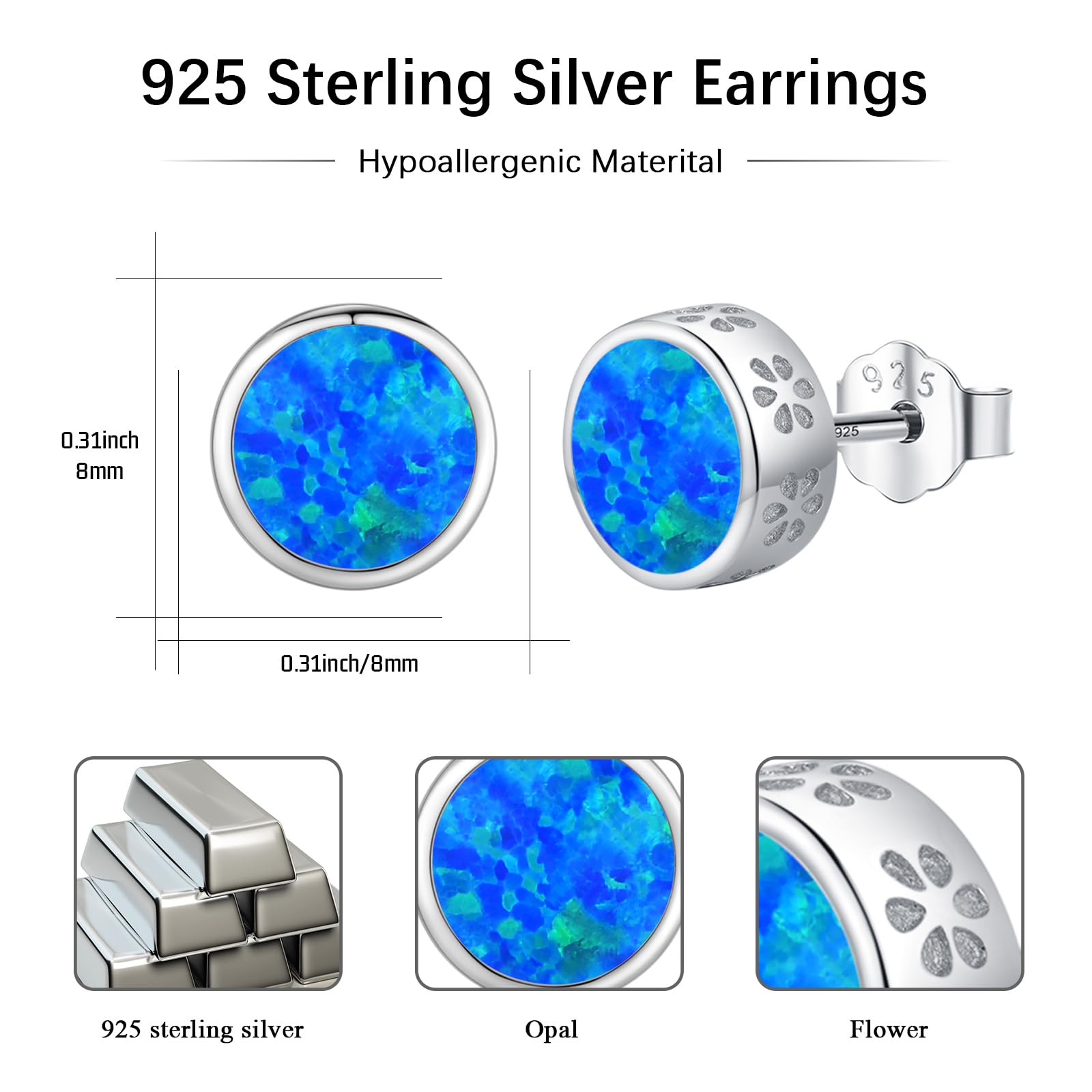 Opal Ohrringe 925er Sterling Silber 8,5 mm Kleine Blumen Ohrstecker Opal Schmuck Geschenke für Damen