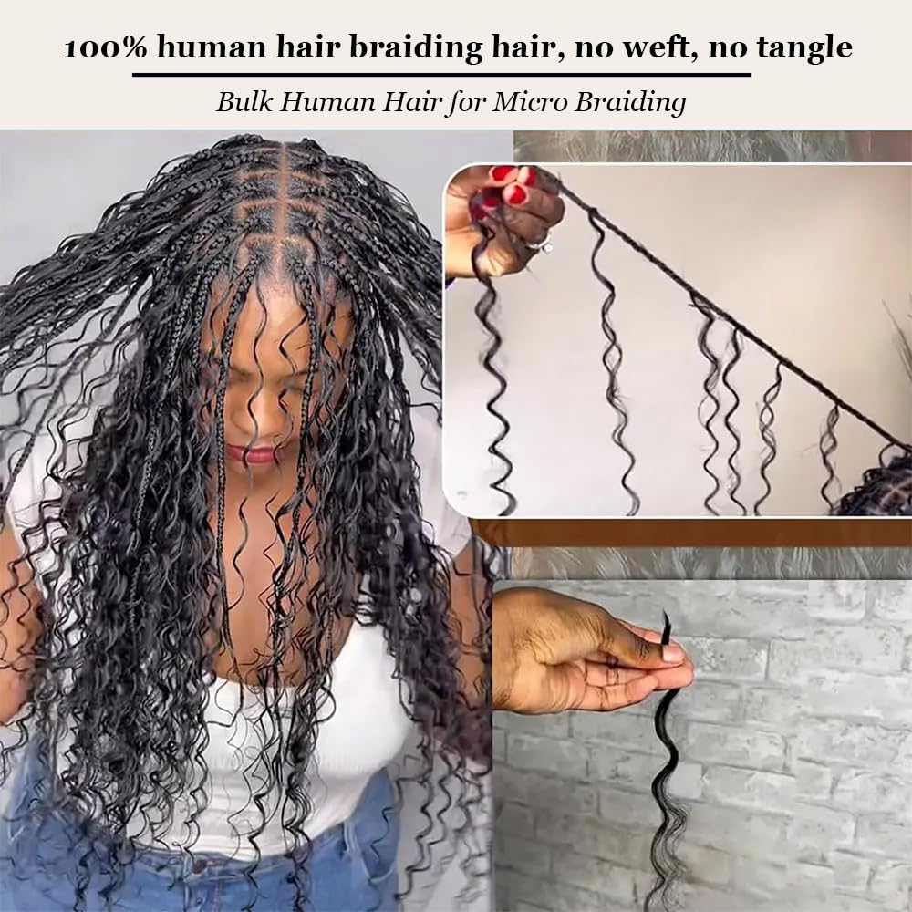MUNONG Human Braiding Hair Deep Wave Bulk Human Hair for Braiding 50g 20 inch No Weft Curly Braiding Hair Bulk Human Braiding Hair for Boho Braids Hair Extensions Real Human Hair Natural Color
