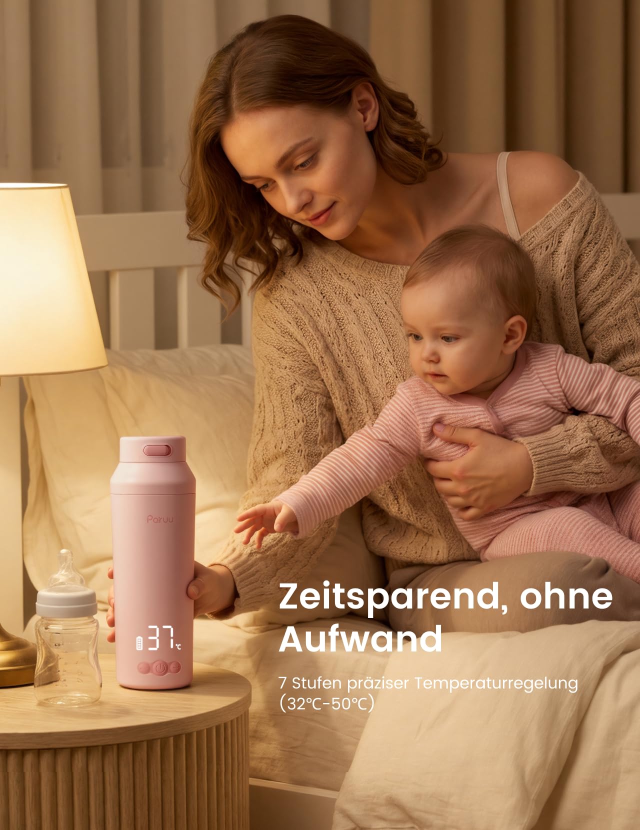Paruu Tragbarer Flaschenwärmer Baby Unterwegs, Schnellaufheizen in 2 Min, 7-Stufige Temperaturregelung, 30W-Schnellladung, 350ml Kapazität, Rosa