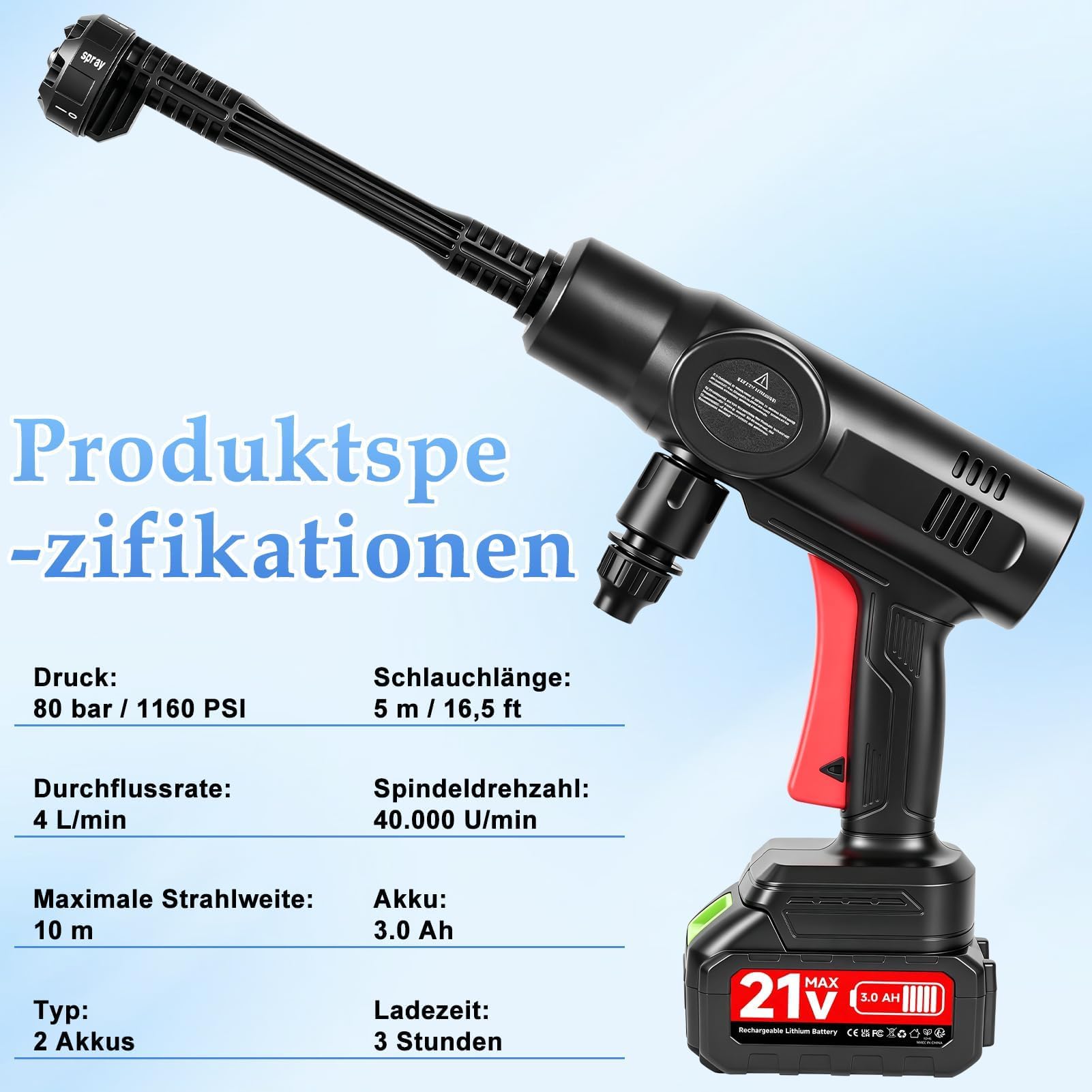 Akku-Hochdruckreiniger 80 Bar, 240L/h, 2x3.0Ah – kabellos, 6-in-1 Düse, Schaumflasche, 5m Schlauch, 10m Strahlweite – Akku Druckreiniger für Auto, Fahrrad, Terrasse & Garten.