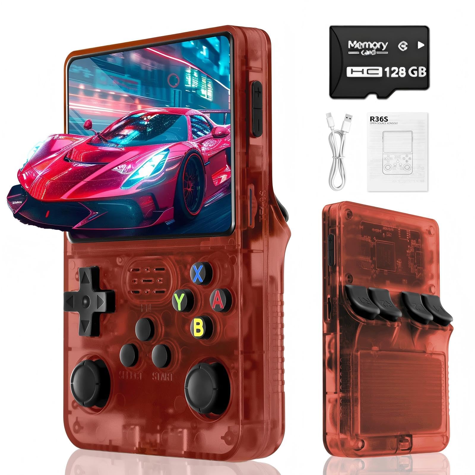 Blidinner R36S Retro Handheld Video Game Console - With Linux System,3000mAh Battery,3.5 Inch Screen,30000+ Classic Games,Portable Game Console for Present to Give Friends for Christmas-(Red)(128GB) — image 1