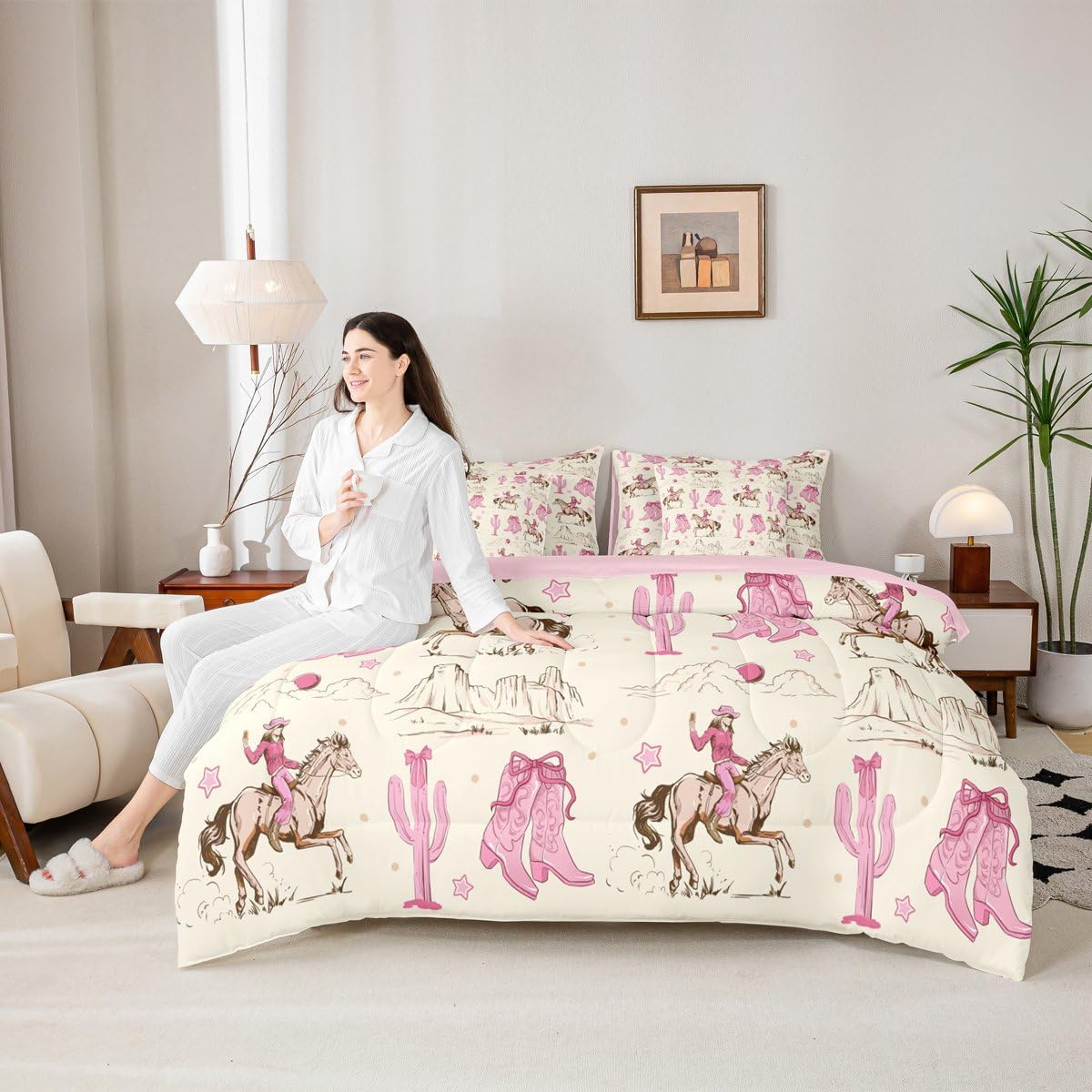 Erosebridal Retro Western Horse Queen Comforter Set with Sheets for Girls,Pink Cowgirl Boots and Bows Bedding Set 7Pcs for Kids Teen,Rustic Country Cowboy Cactus Bed Set,Cute Bow Fitted Flat Sheet