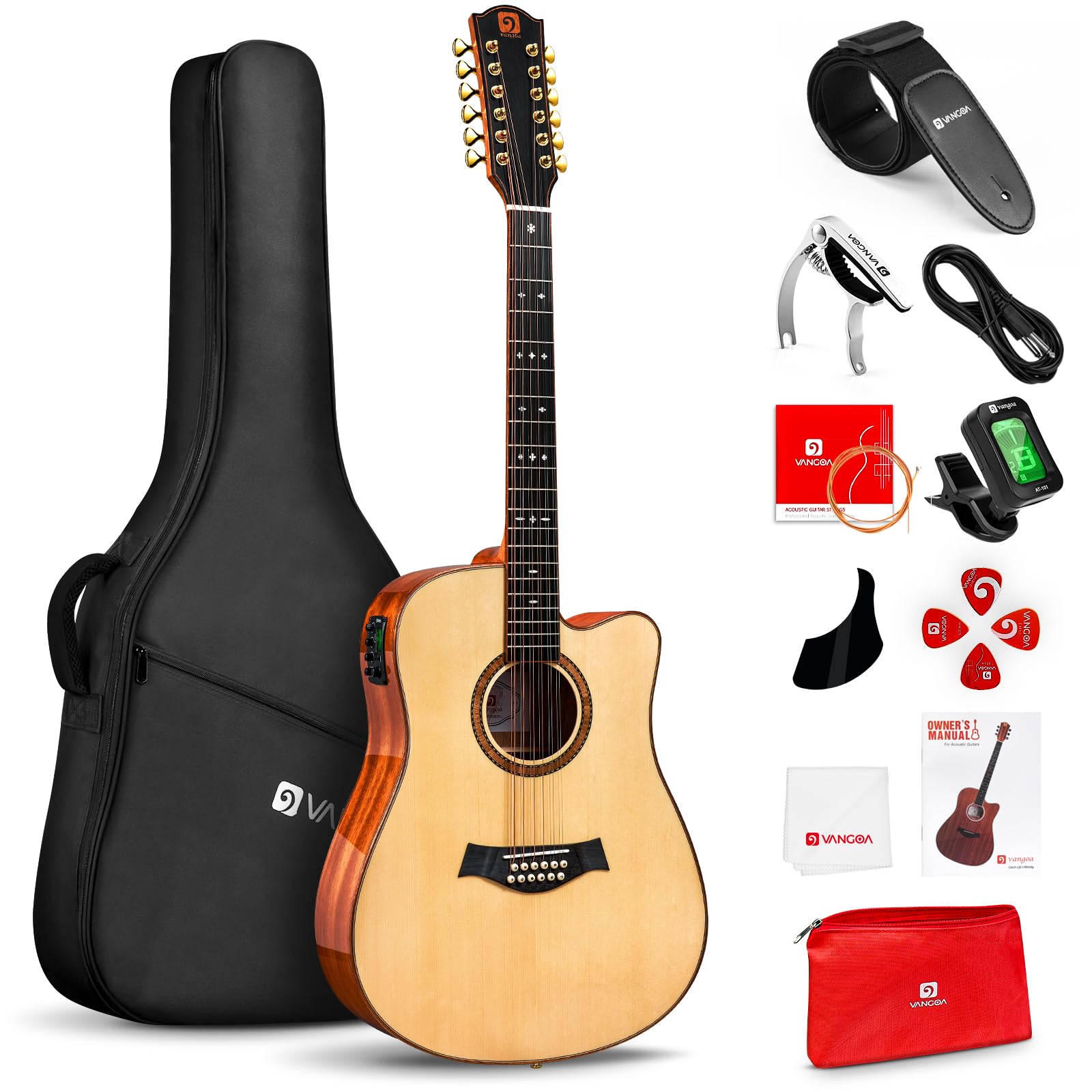 Vangoa Guitare acoustique électrique avancée à 12 cordes, table en épicéa