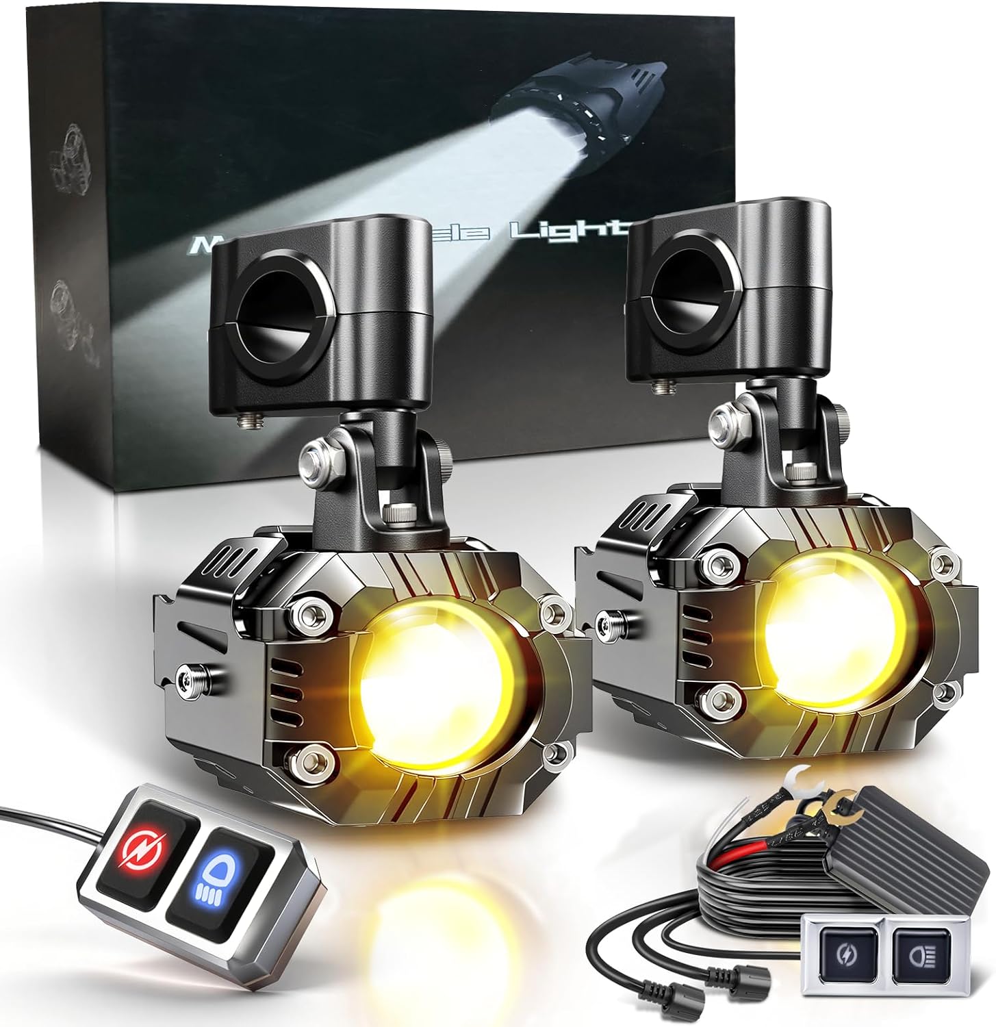 Motorcycle Auxiliary Fog Light Kit Driving Spotlights Amber/White High & Low Beam Strobe Compact Pods Light Kit with Bracket Wire Harness Waterproof, 15000LM Fog Lights for Motorcycle, Bike