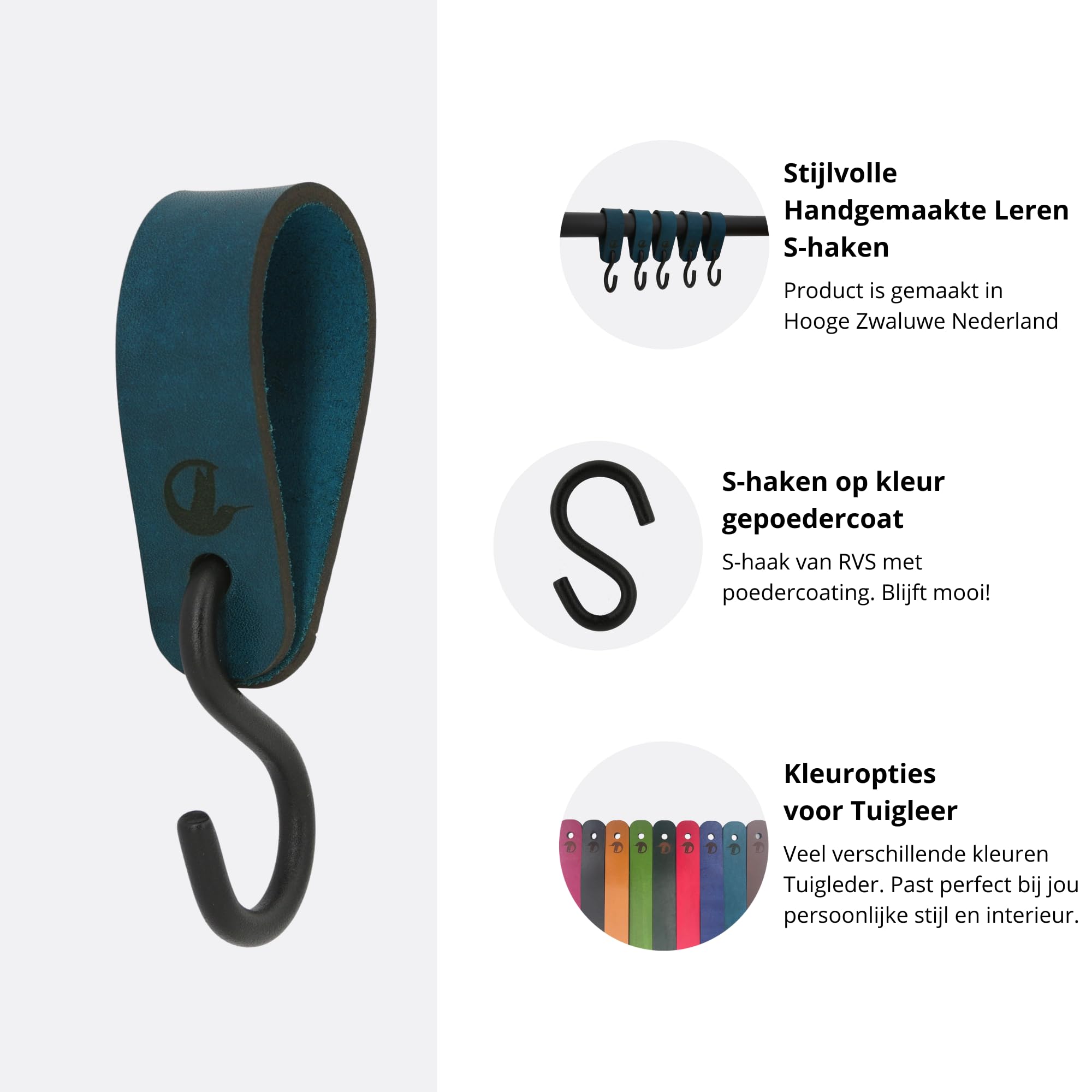 Leder S-Haken, 5er-Set, Geschirrleder mit Edelstahlhaken, für Garderobe und Kleiderstange, rund und eckig, blaugrün