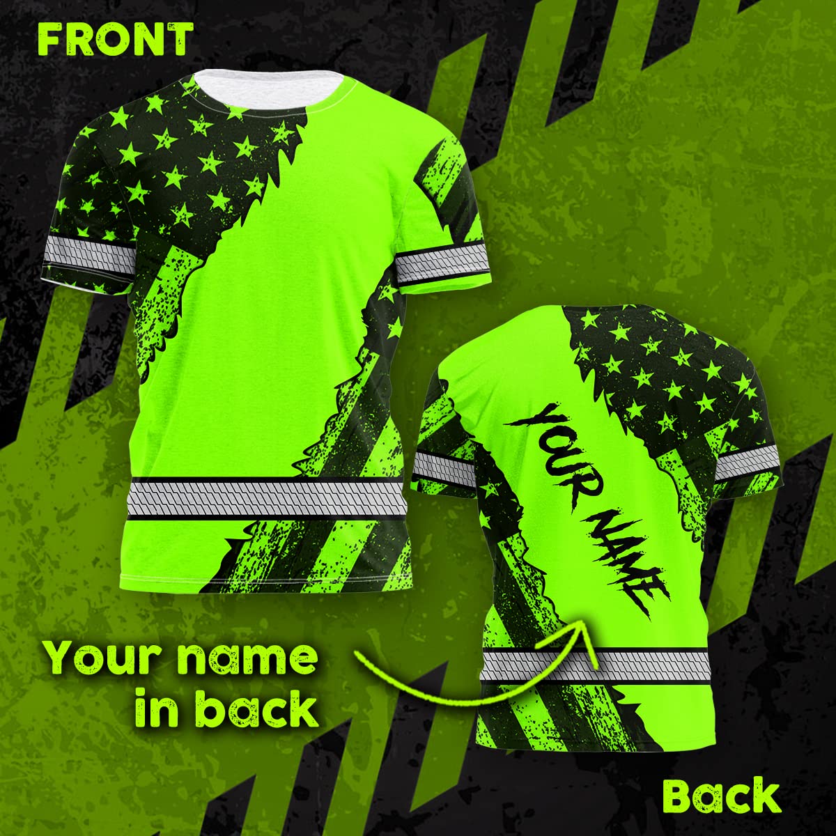 Maddly Hi Vis Shirt Reflective Green Neon Water Color American Flag Patriotic Custom Name Safety Workwear for Workers, Runners, Cyclists, Truckers, Operator-L