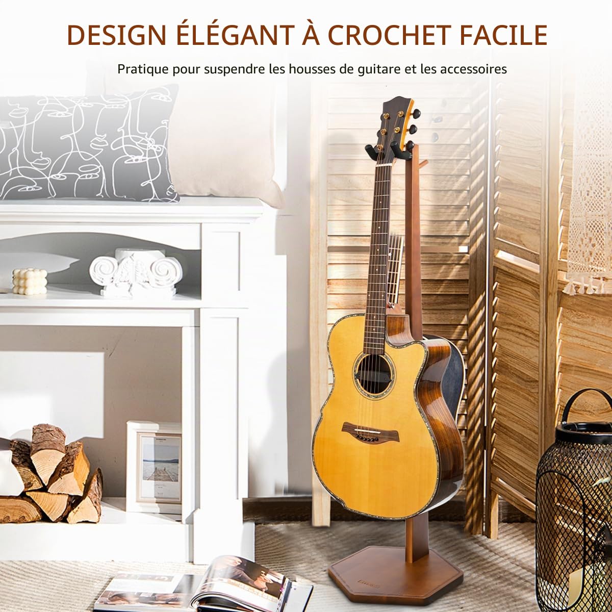 STRICH Support pour guitare acoustique et électrique, hauteur 103 cm (40.5" ), en bois de noyer, avec crochet de suspension, pour la maison ou le studio (FH1, présentoir pour guitare)