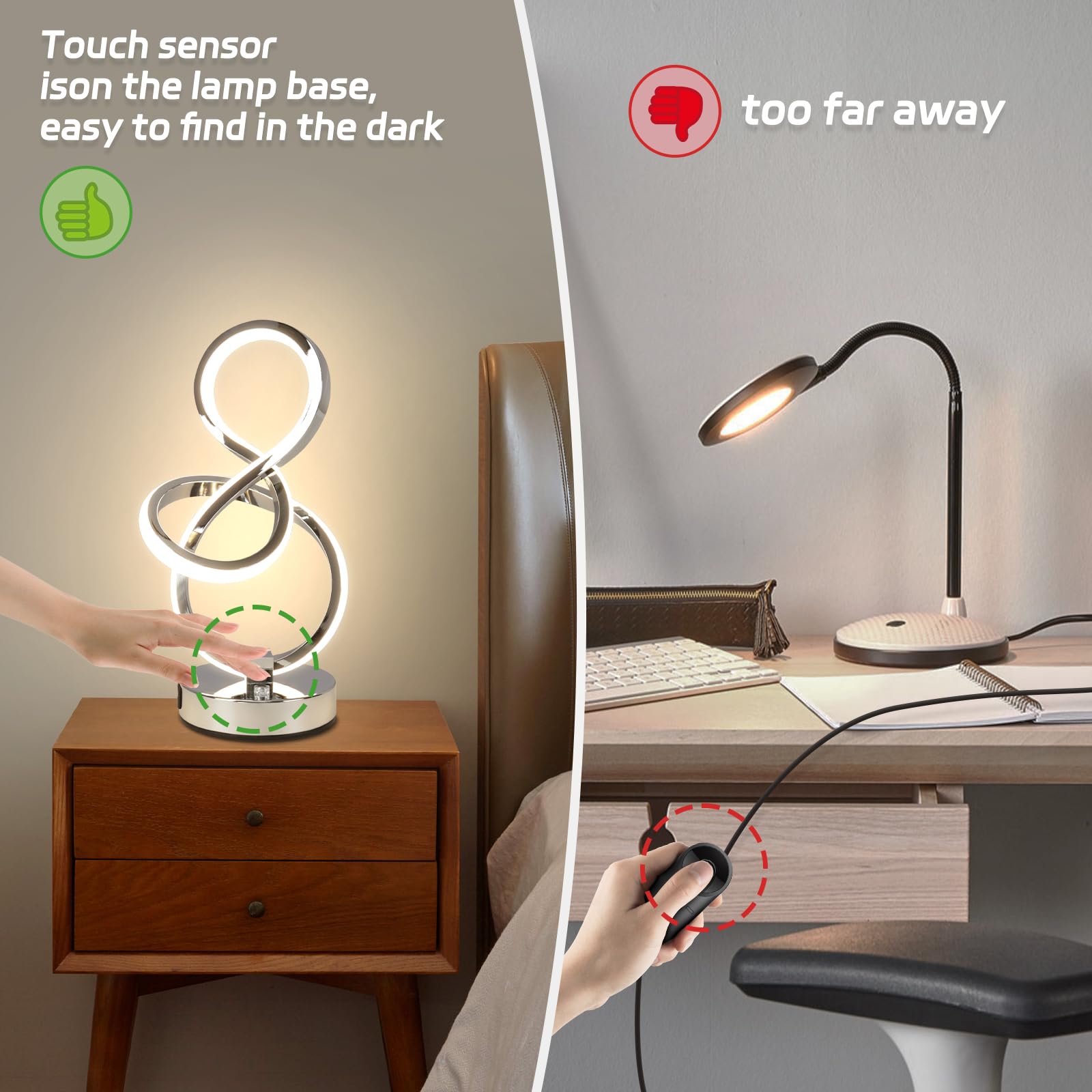 Lámpara de noche LED, 10 W, lámpara de mesa moderna, 3 temperaturas de color, control táctil, intensidad regulable continua, con puertos USB, para dormitorio, salón u oficina (plata)